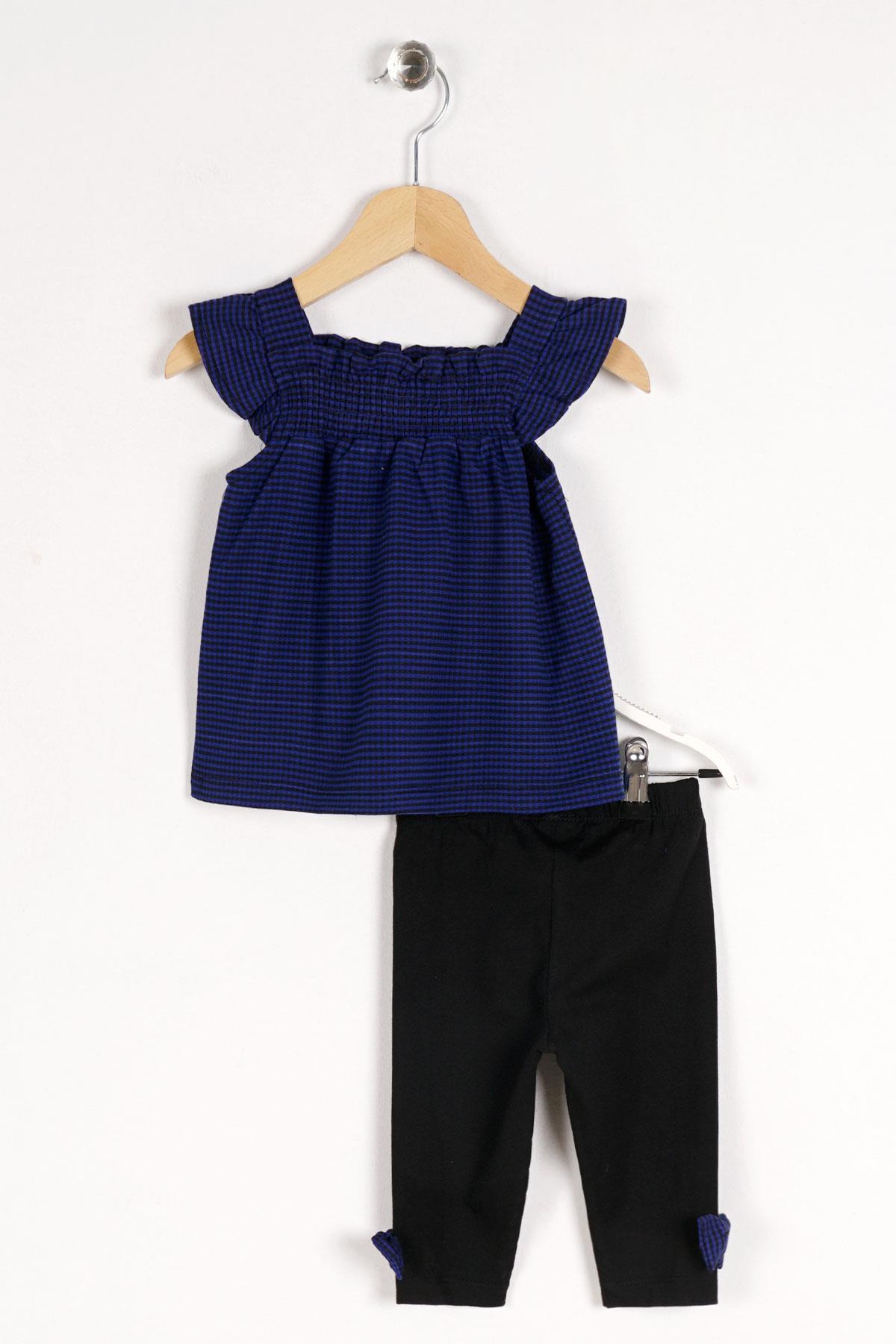 Balıkcı Yaka Sıfır Kol Pıtıkarelı Omuz Detaylı Saks Siyah Renk Kız Çocuk Taytlı Takım