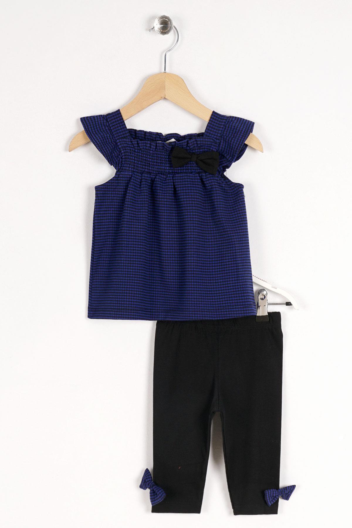 Balıkcı Yaka Sıfır Kol Pıtıkarelı Omuz Detaylı Saks Siyah Renk Kız Çocuk Taytlı Takım