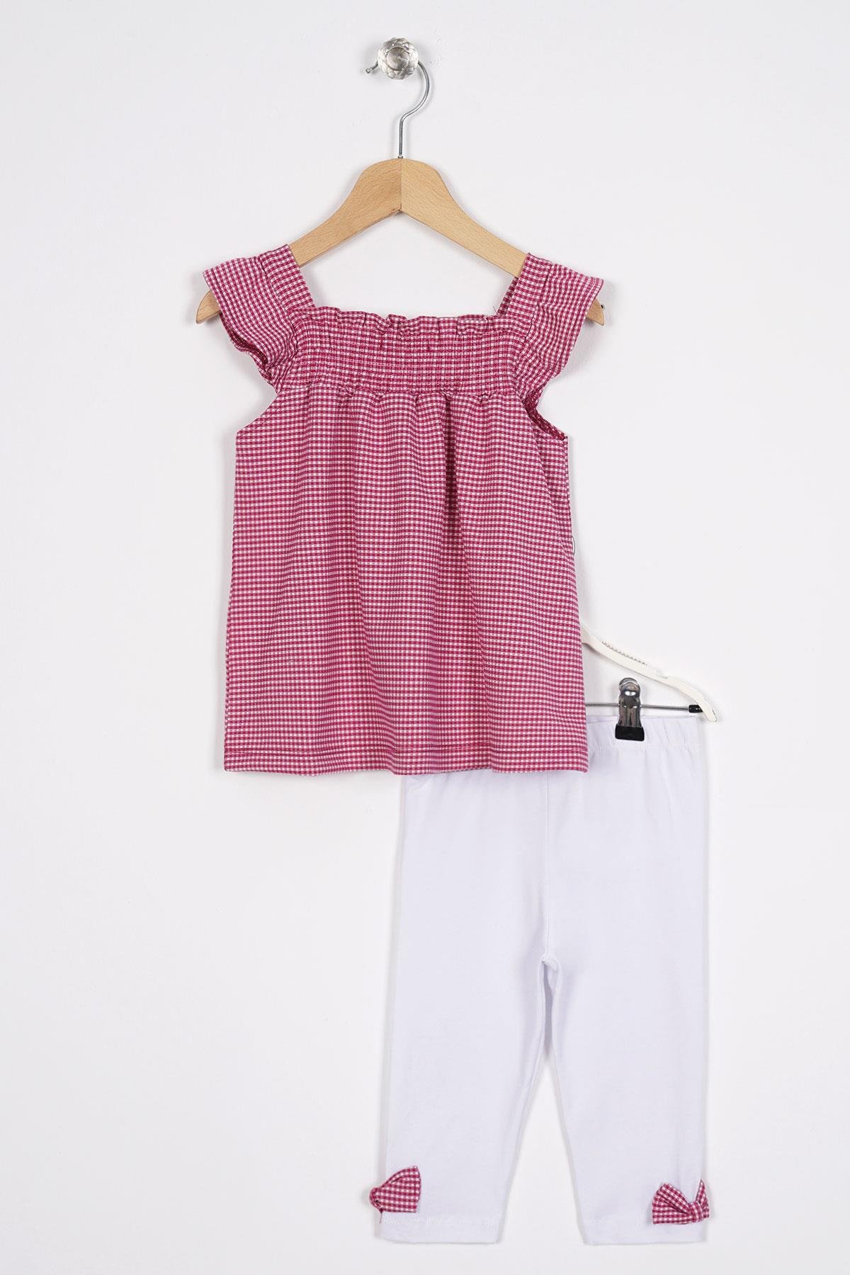 Balıkcı Yaka Sıfır Kol Pıtıkarelı Omuz Detaylı Fuşya Renk Kız Çocuk Taytlı Takım