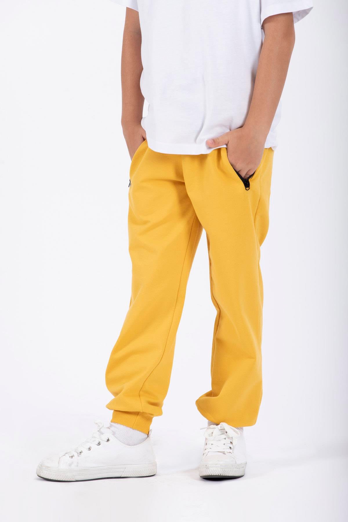 Bel Paca Lastikli Ceplerı Fermuarlı Hardal Renk Erkek Çocuk Esofman Tek Alt