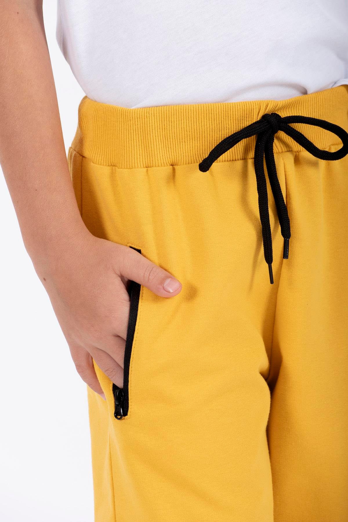 Bel Paca Lastikli Ceplerı Fermuarlı Hardal Renk Erkek Çocuk Esofman Tek Alt