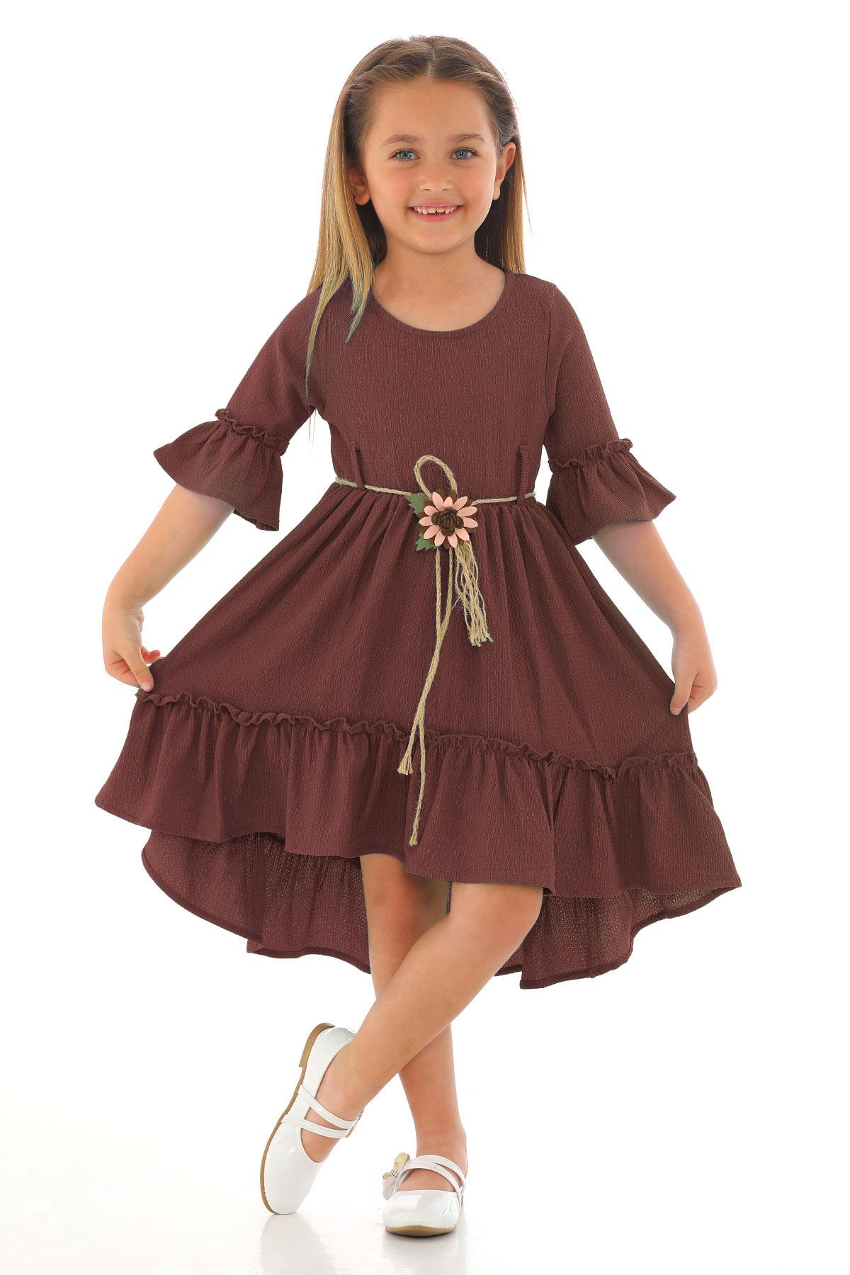 Bisiklet Yaka Karpuz Kol Belı Hasır Kuşaklı Koyu Kahverengi Renk Kız Çocuk Elbıse