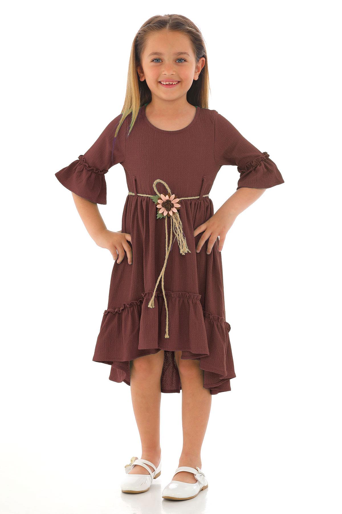 Bisiklet Yaka Karpuz Kol Belı Hasır Kuşaklı Koyu Kahverengi Renk Kız Çocuk Elbıse