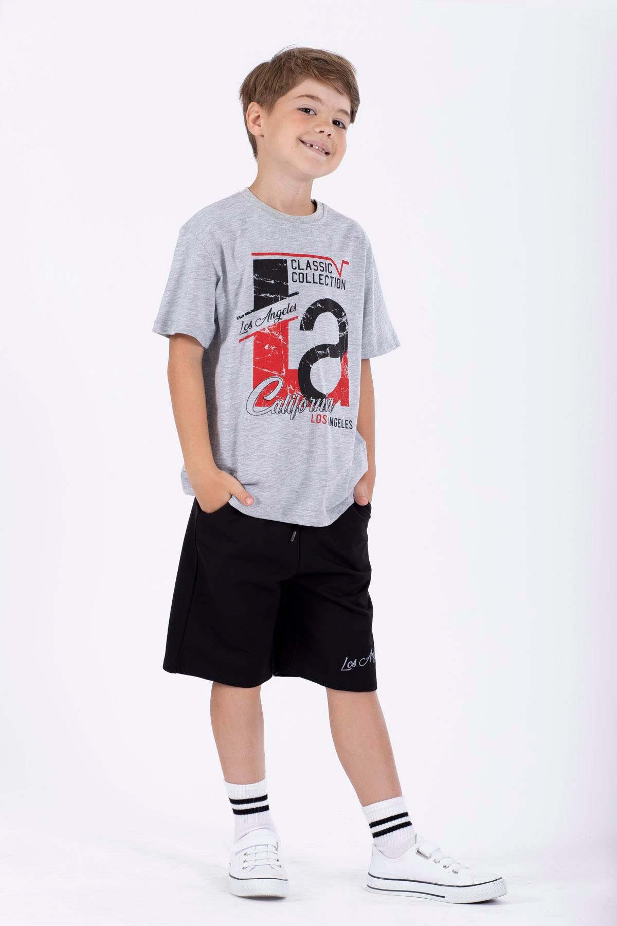 Bisiklet Yaka Kısa Kol Classıc Collectıon Baskılı Gri Renk Erkek Çocuk Kaprılı Takım