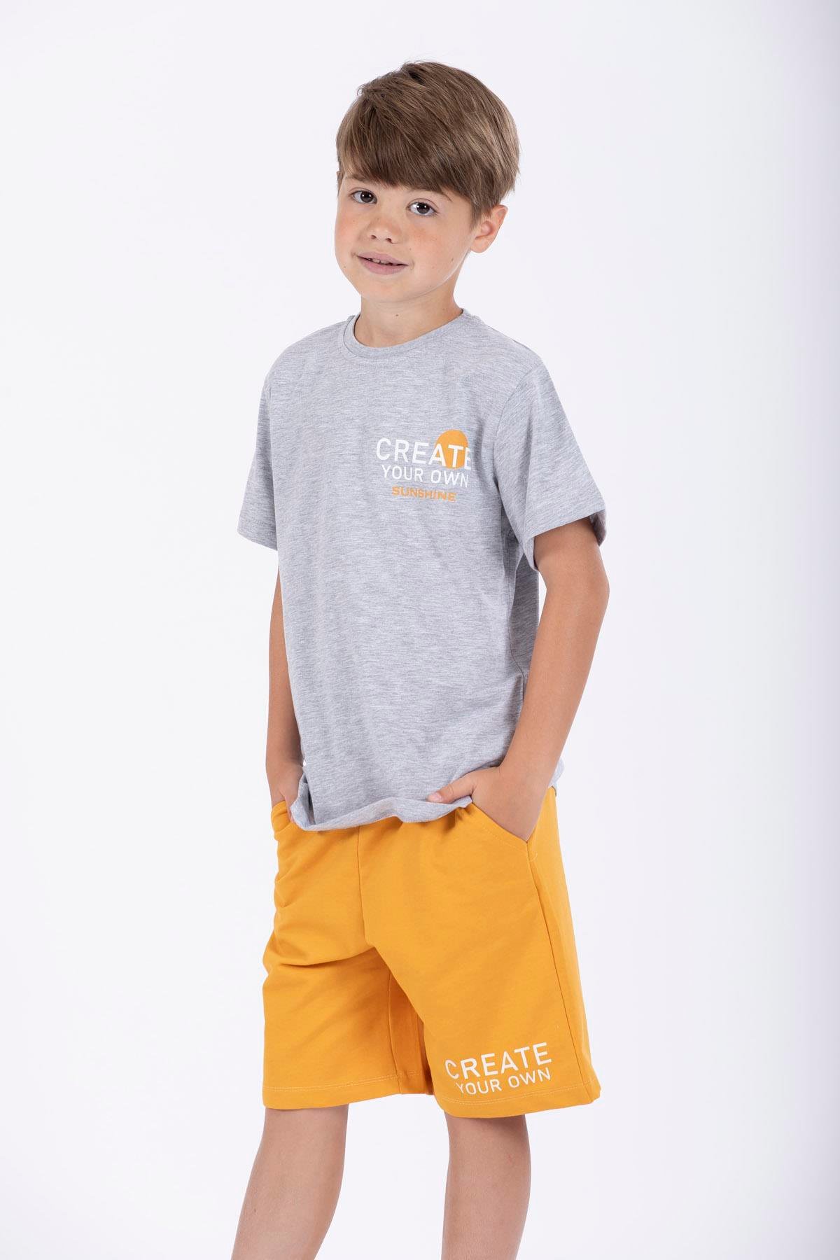 Bisiklet Yaka Kısa Kol Create Your Own Baskılı Gri Renk Erkek Çocuk Kaprılı Takım