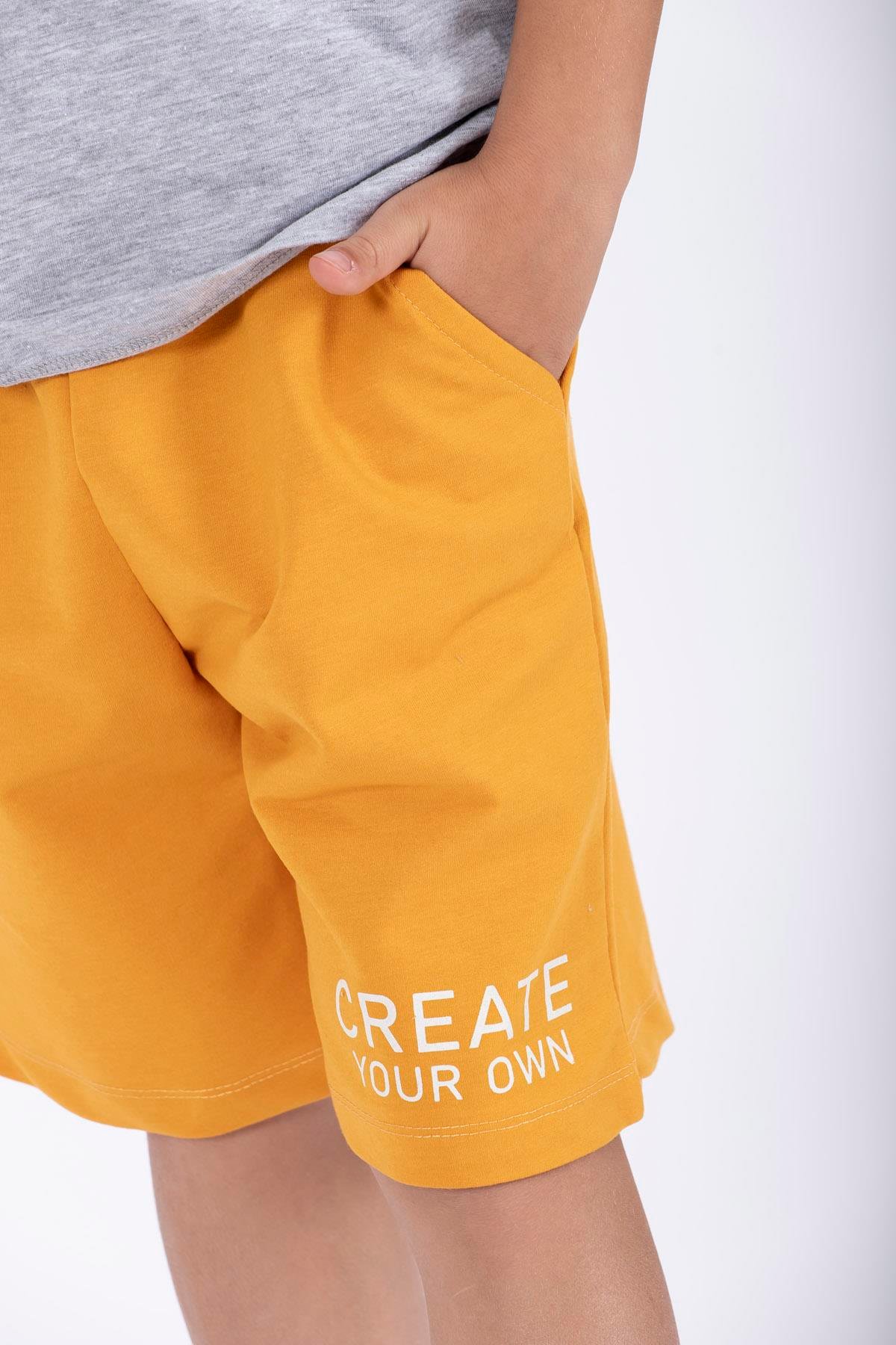 Bisiklet Yaka Kısa Kol Create Your Own Baskılı Gri Renk Erkek Çocuk Kaprılı Takım