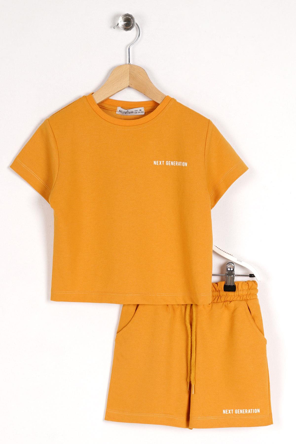 Bisiklet Yaka Kısa Kol Hardal Renk Erkek Çocuk Sortlu Takım