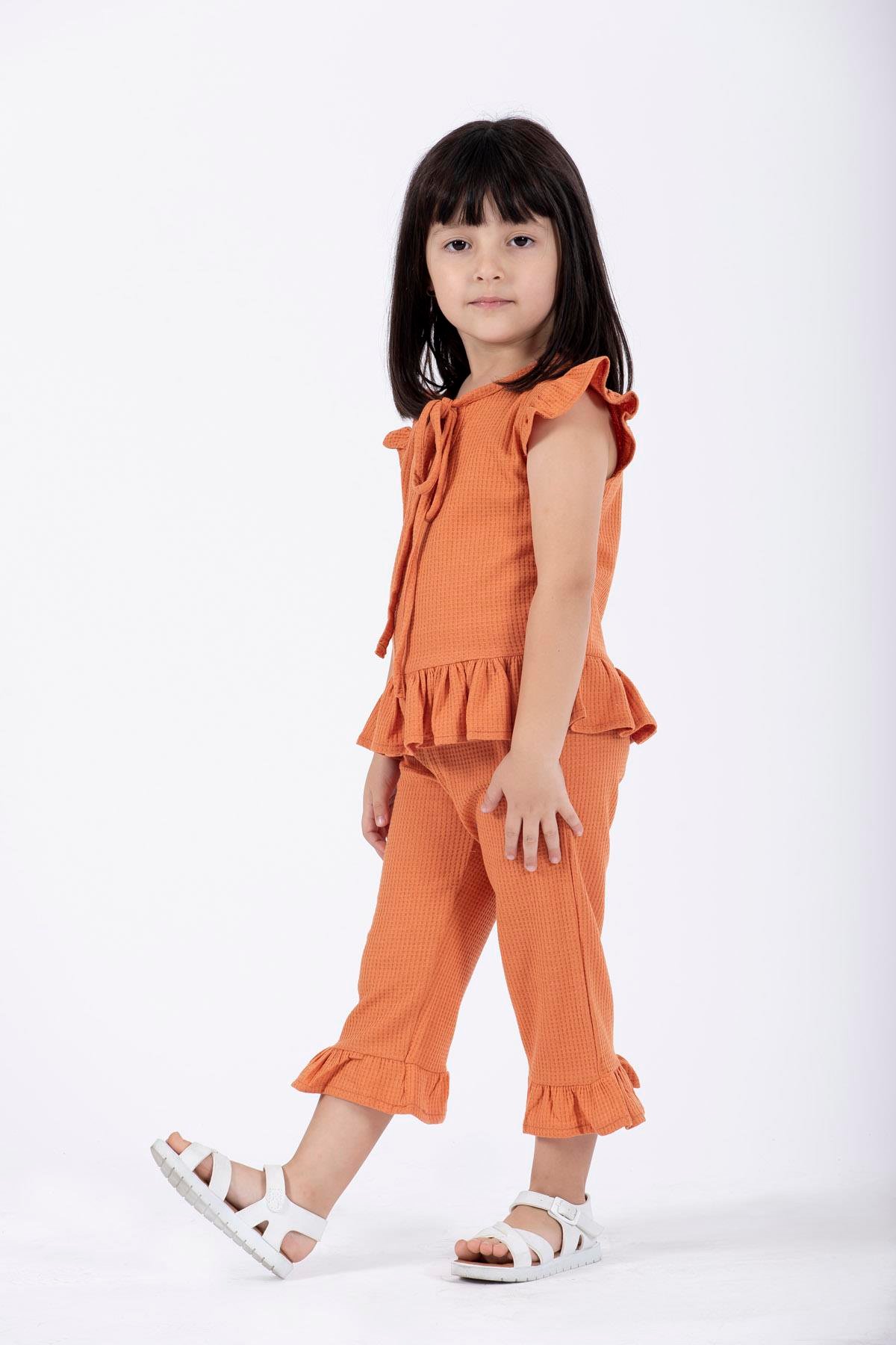 Bisiklet Yaka Kısa Kol Waffel Paca Fırfırlı Ikılı Takım Kiremit Renk Kız Çocuk Ikılı Takım