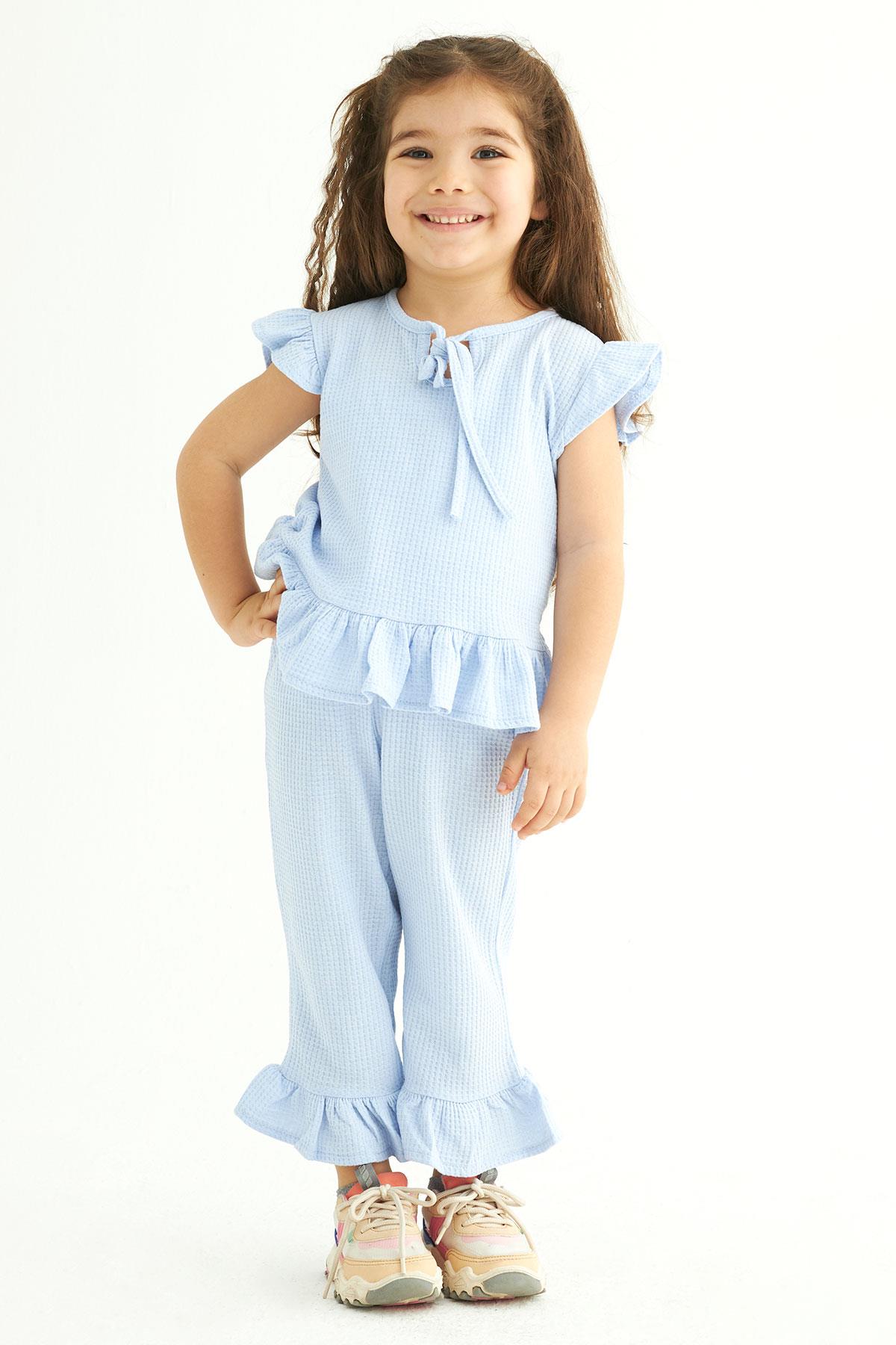 Bisiklet Yaka Kısa Kol Waffel Paca Fırfırlı Ikılı Takım Bebe Mavisi Renk Kız Çocuk Ikılı Takım