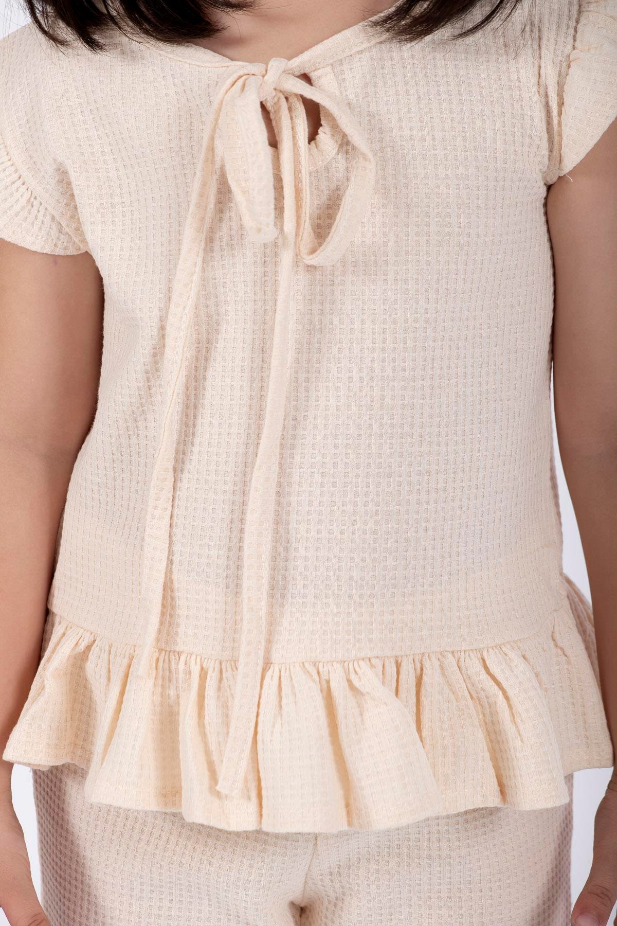 Bisiklet Yaka Kısa Kol Waffel Paca Fırfırlı Ikılı Takım Ekru Renk Kız Çocuk Ikılı Takım