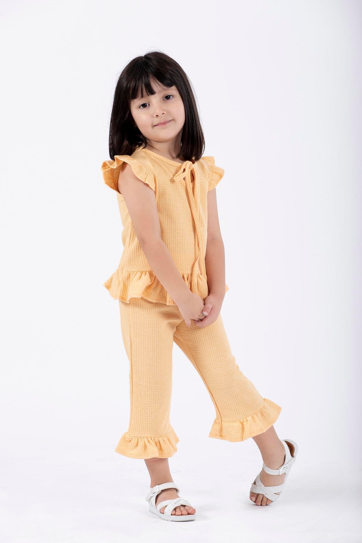 Bisiklet Yaka Kısa Kol Waffel Paca Fırfırlı Ikılı Takım Hardal Renk Kız Çocuk Ikılı Takım