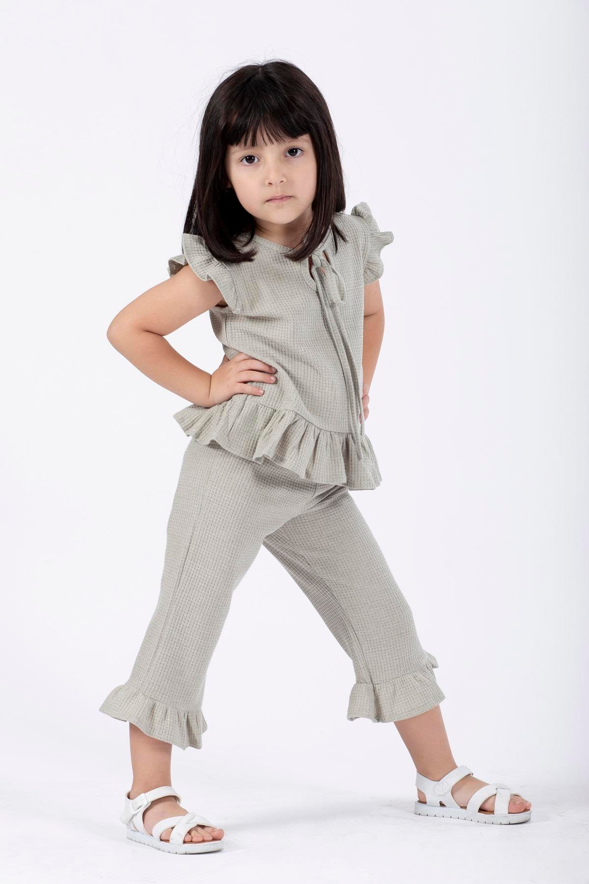 Bisiklet Yaka Kısa Kol Waffel Paca Fırfırlı Ikılı Takım Cagla Yesil Renk Kız Çocuk Ikılı Takım