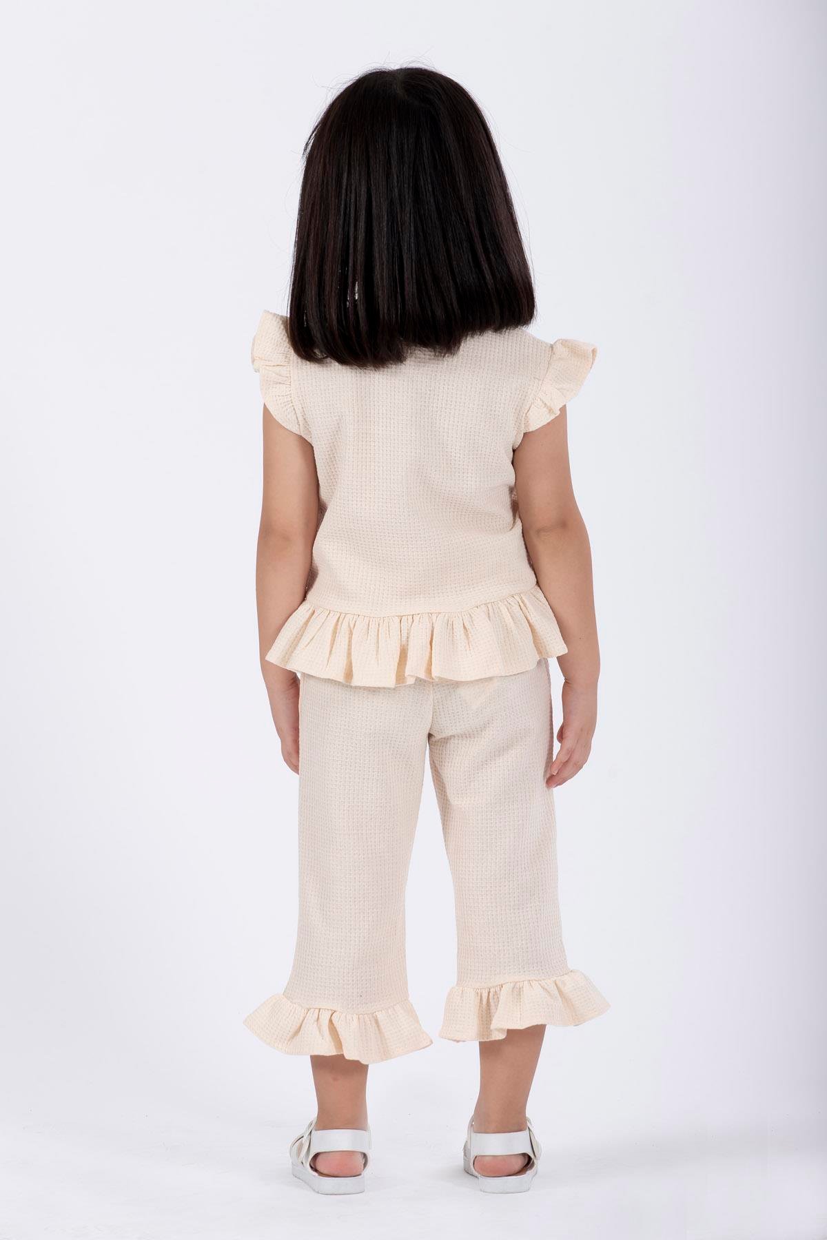 Bisiklet Yaka Kısa Kol Waffel Paca Fırfırlı Ikılı Takım Ekru Renk Kız Çocuk Ikılı Takım