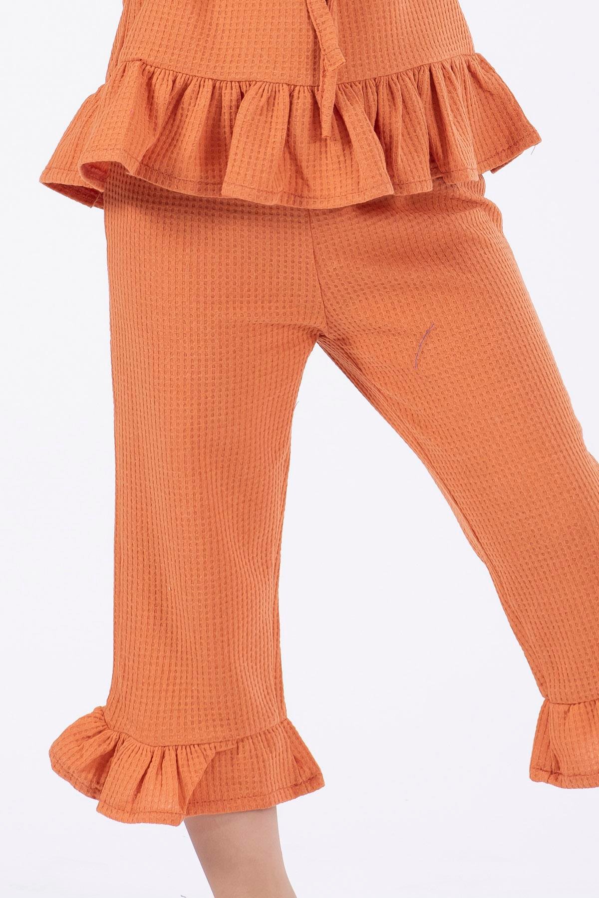 Bisiklet Yaka Kısa Kol Waffel Paca Fırfırlı Ikılı Takım Kiremit Renk Kız Çocuk Ikılı Takım