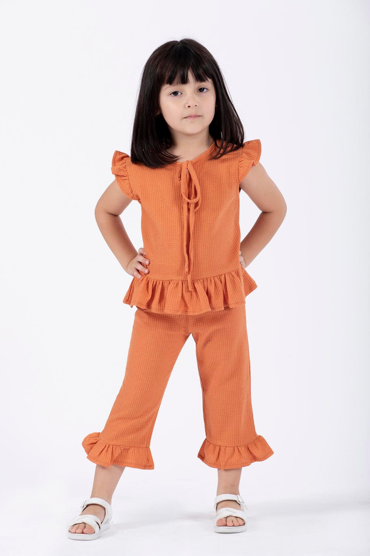 Bisiklet Yaka Kısa Kol Waffel Paca Fırfırlı Ikılı Takım Kiremit Renk Kız Çocuk Ikılı Takım