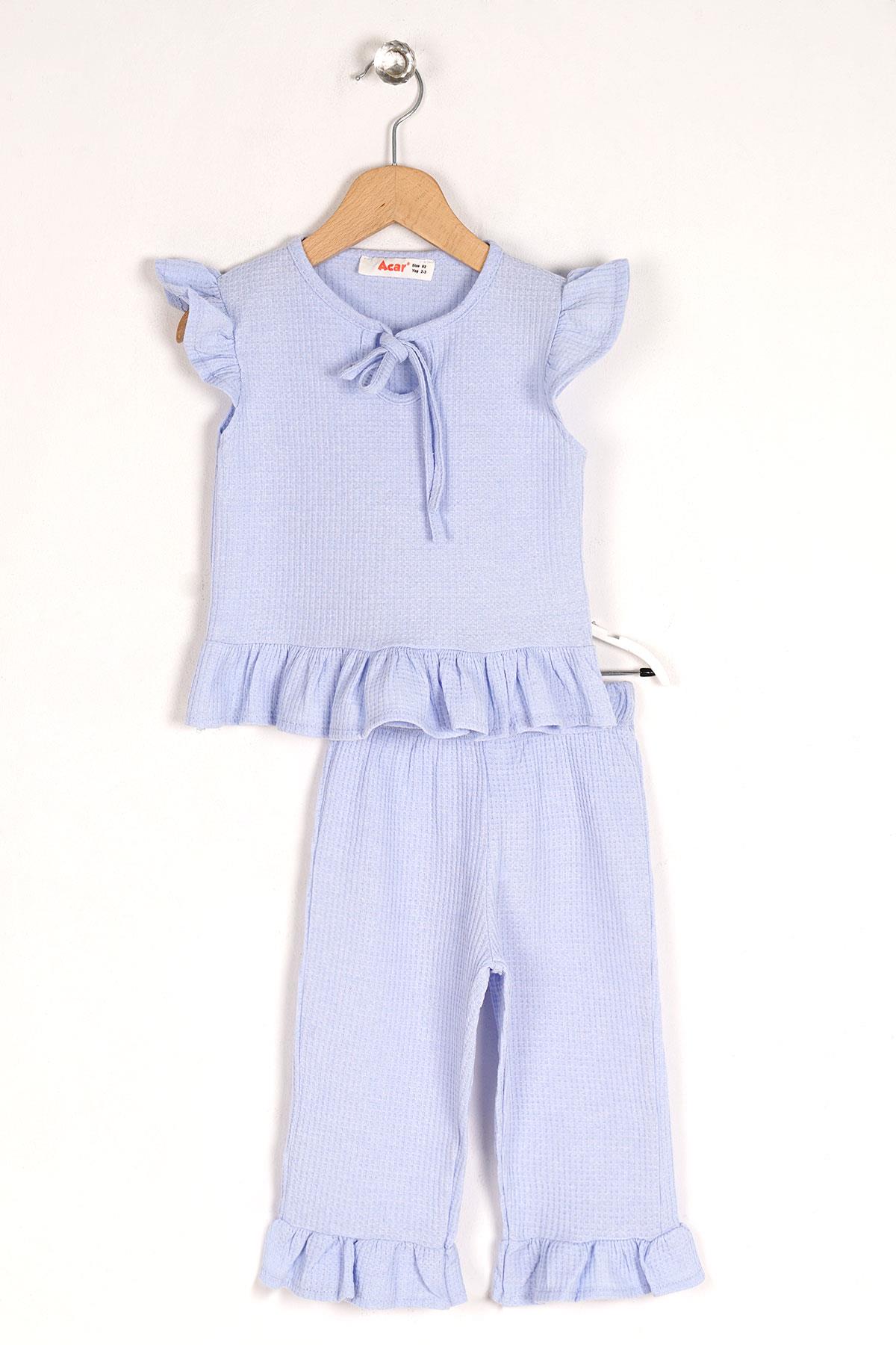 Bisiklet Yaka Kısa Kol Waffel Paca Fırfırlı Ikılı Takım Bebe Mavisi Renk Kız Çocuk Ikılı Takım