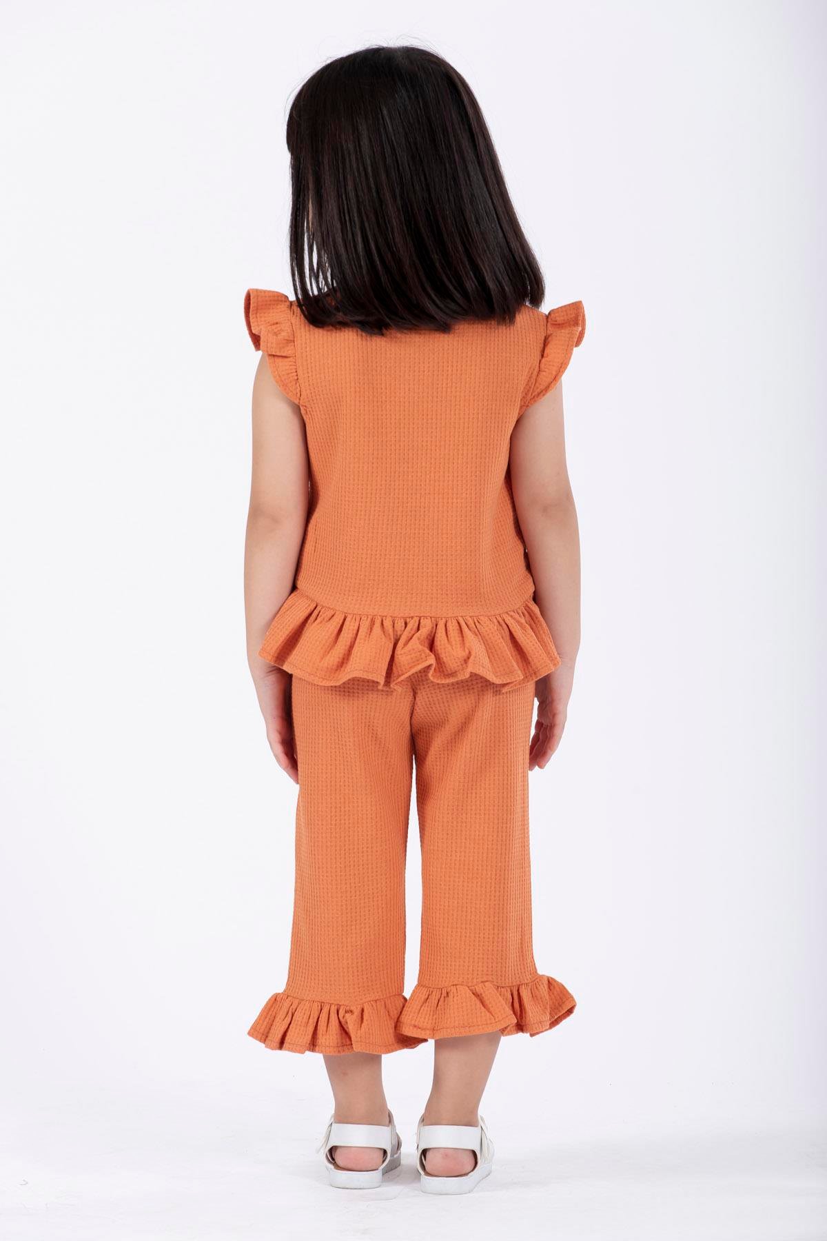 Bisiklet Yaka Kısa Kol Waffel Paca Fırfırlı Ikılı Takım Kiremit Renk Kız Çocuk Ikılı Takım