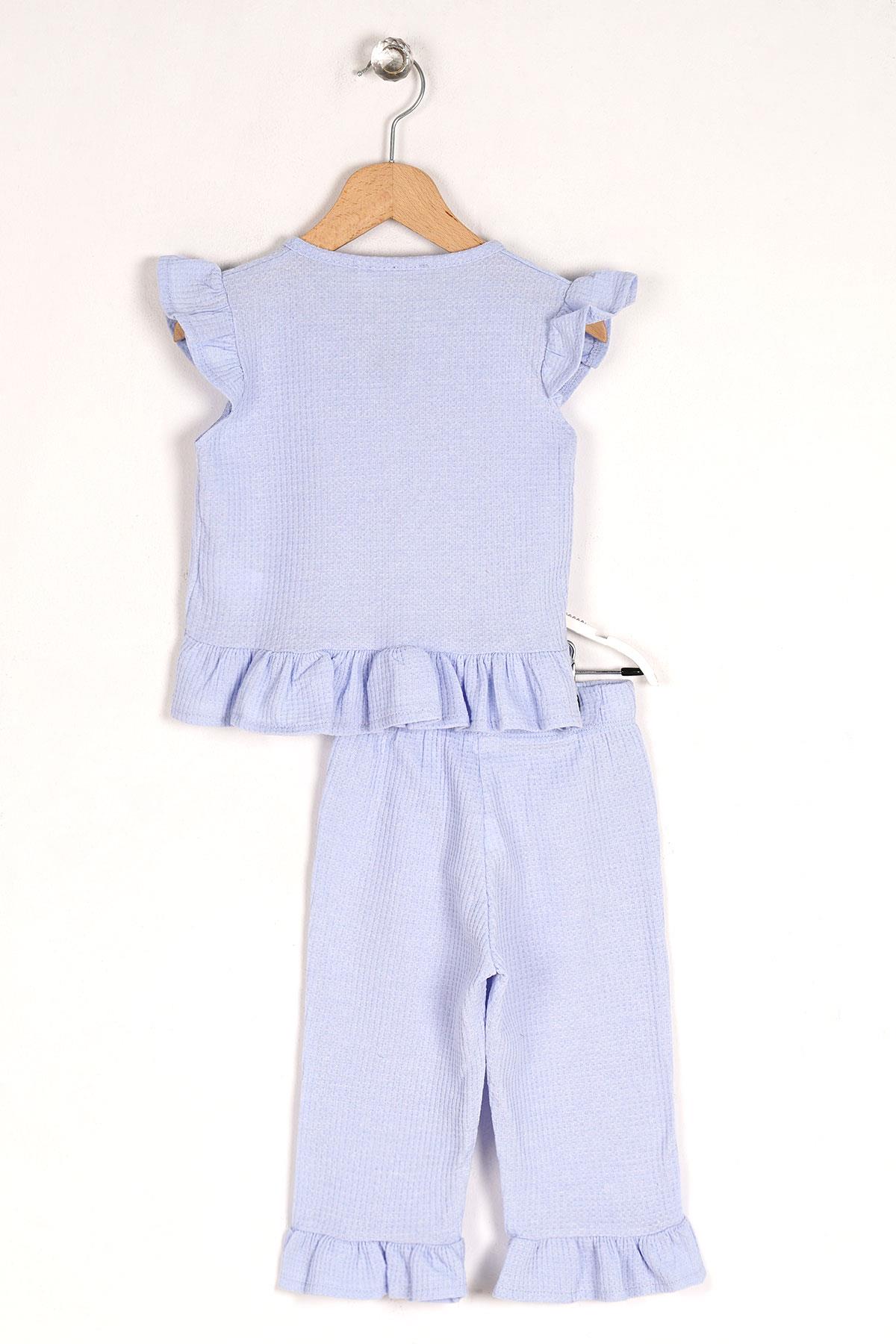 Bisiklet Yaka Kısa Kol Waffel Paca Fırfırlı Ikılı Takım Bebe Mavisi Renk Kız Çocuk Ikılı Takım