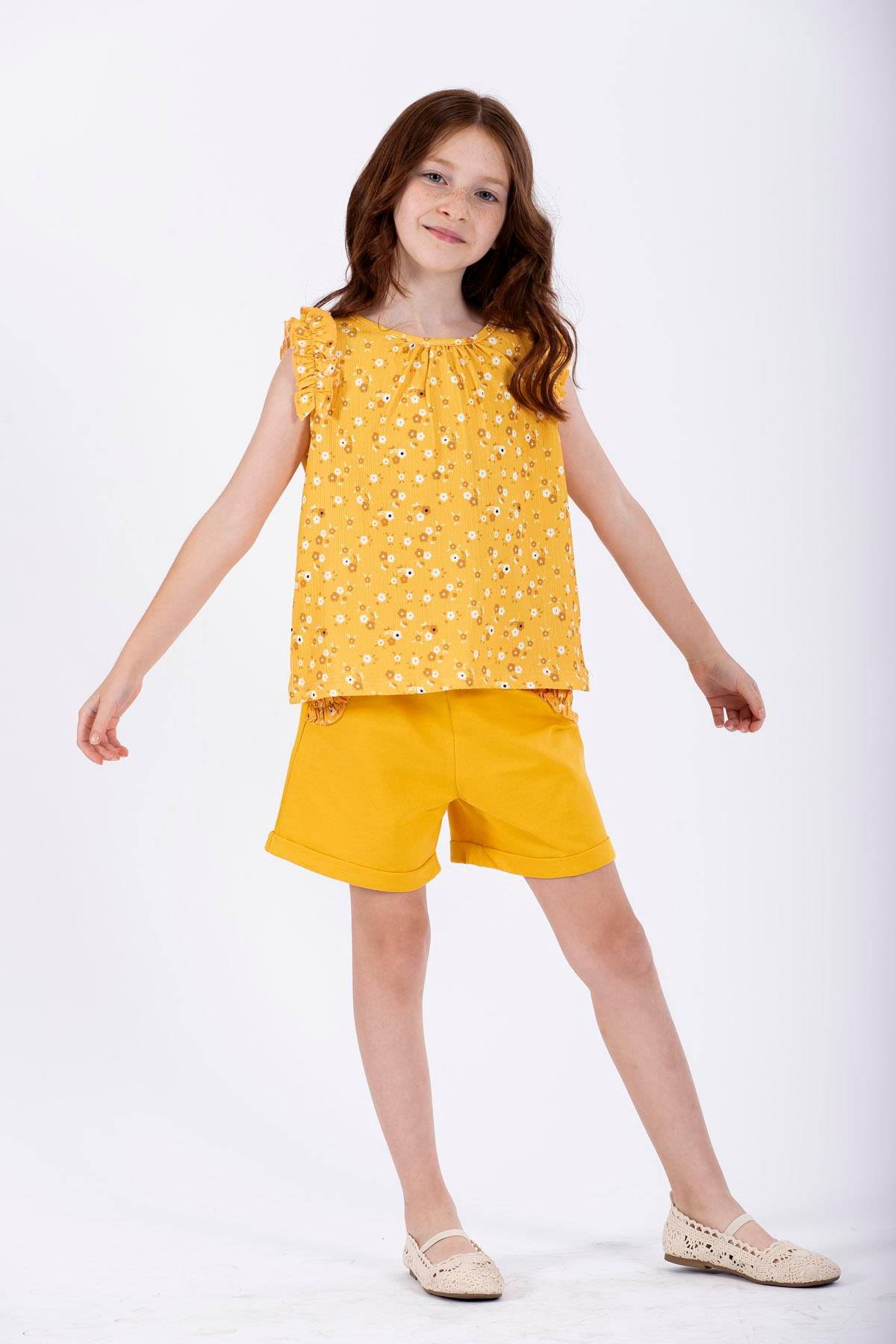 Bisiklet Yaka Sıfır Kol Çiçek Baskılı Beli Lastikli Cepli Sari Renk Kız Çocuk Sortlu Takım