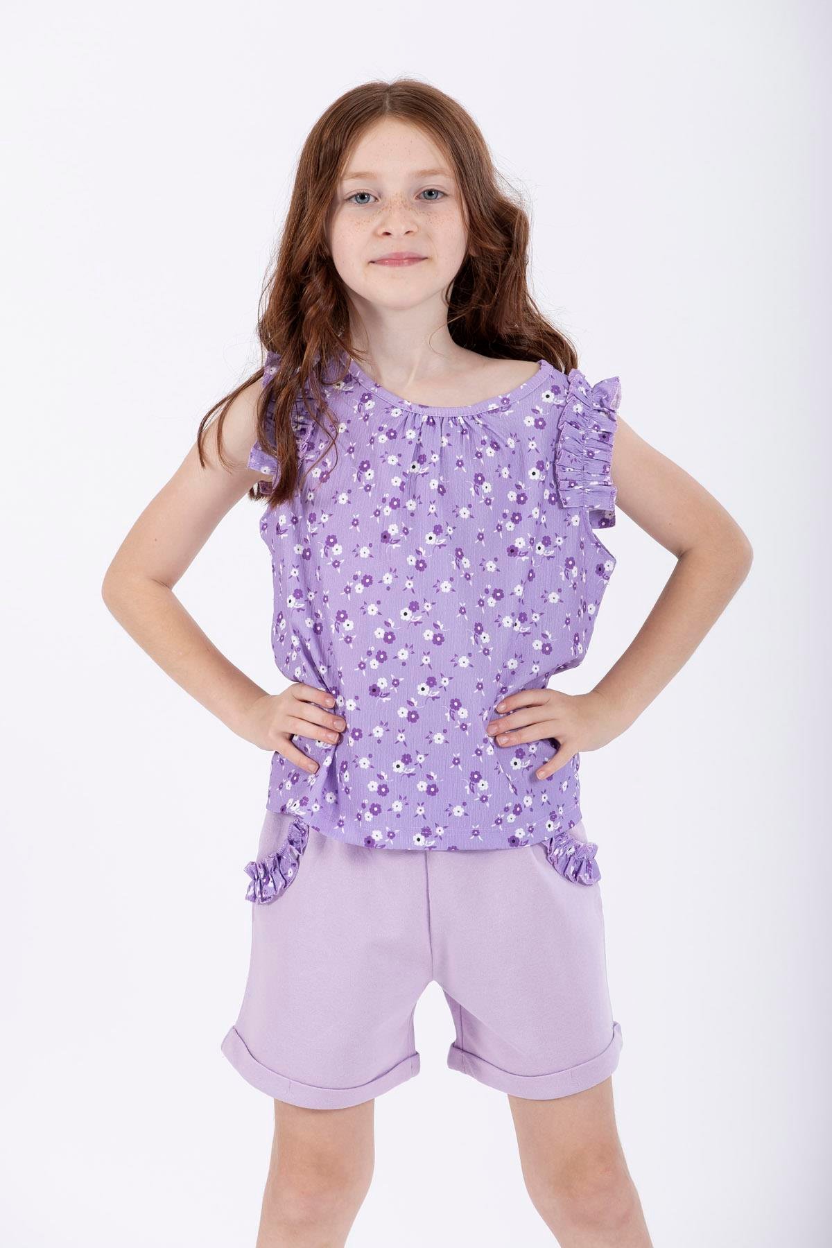 Bisiklet Yaka Sıfır Kol Çiçek Baskılı Beli Lastikli Cepli Lila Renk Kız Çocuk Sortlu Takım