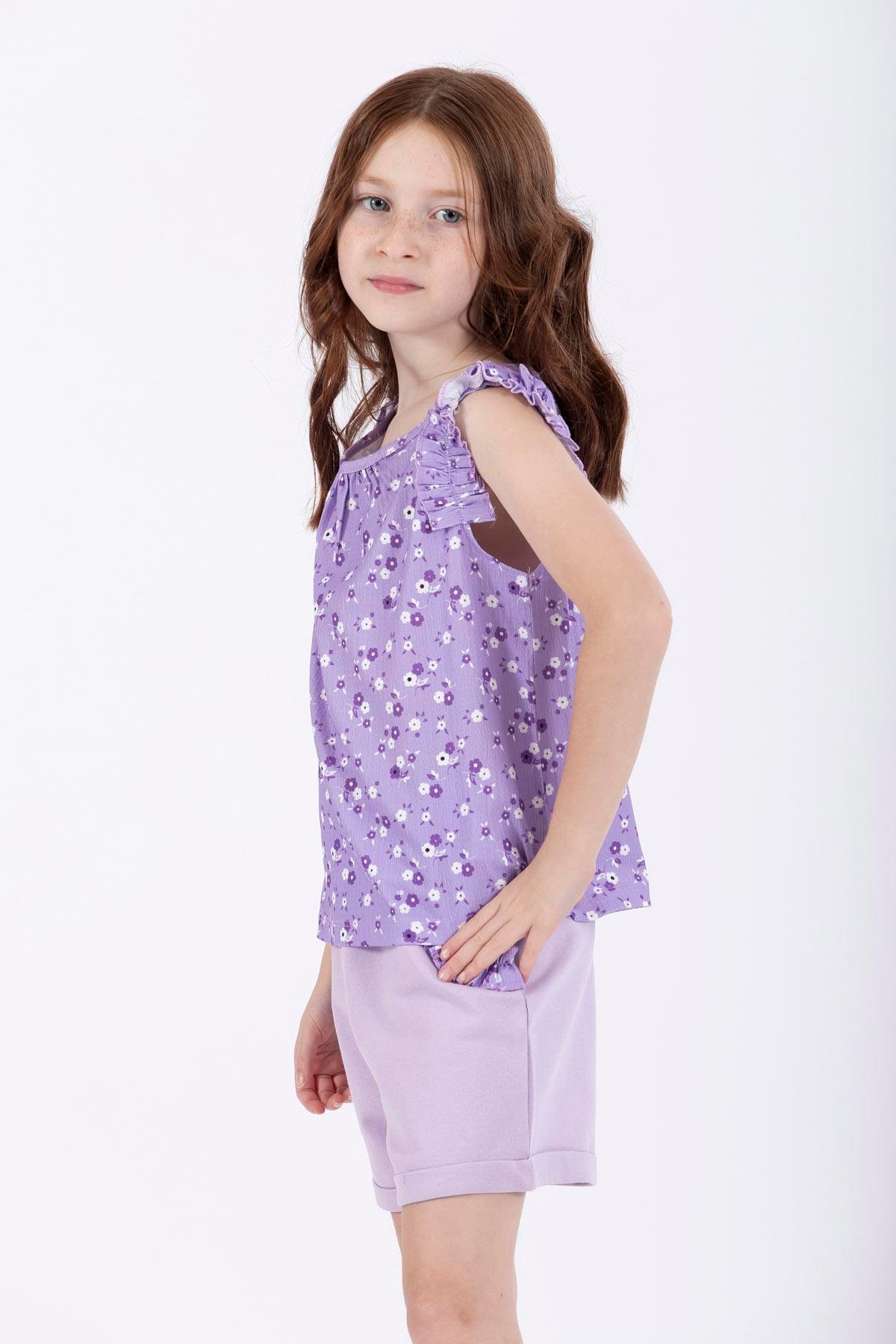 Bisiklet Yaka Sıfır Kol Çiçek Baskılı Beli Lastikli Cepli Lila Renk Kız Çocuk Sortlu Takım