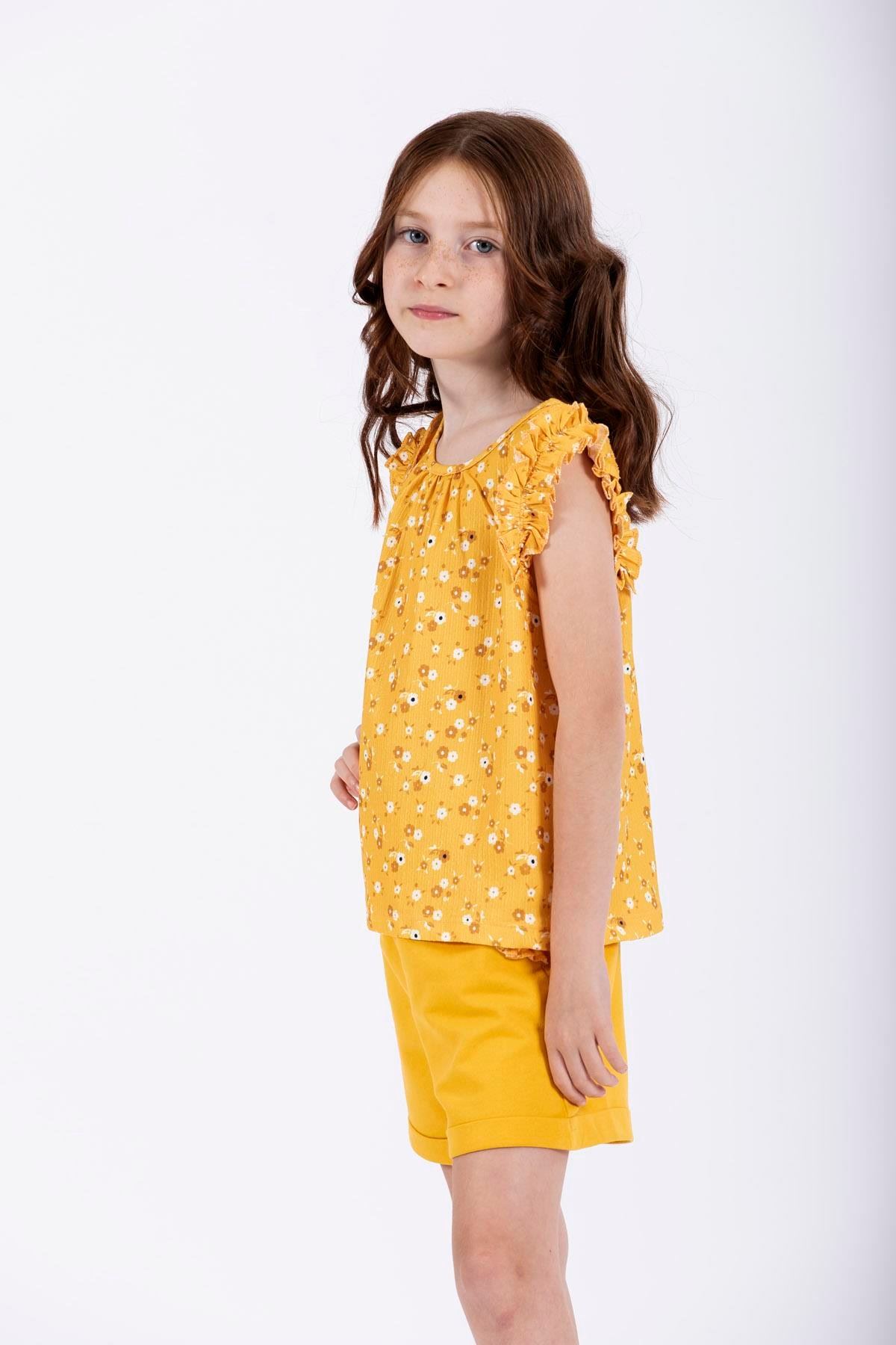 Bisiklet Yaka Sıfır Kol Çiçek Baskılı Beli Lastikli Cepli Sari Renk Kız Çocuk Sortlu Takım