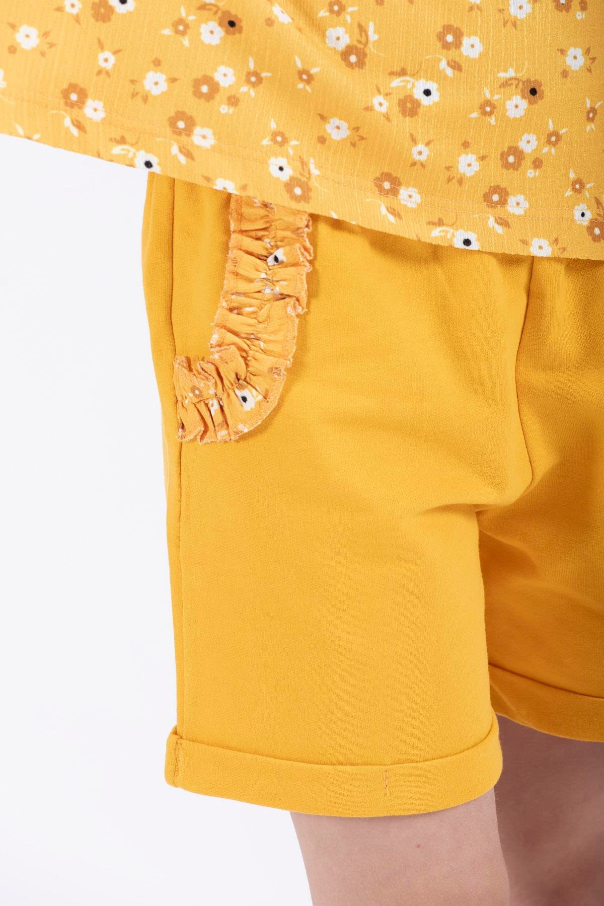 Bisiklet Yaka Sıfır Kol Çiçek Baskılı Beli Lastikli Cepli Sari Renk Kız Çocuk Sortlu Takım