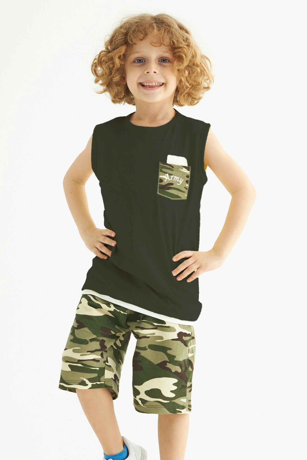 Bisiklet Yaka Sıfır Kol Kamuflaj Baskılı Cepli Haki Renk Erkek Çocuk Kaprılı Takım