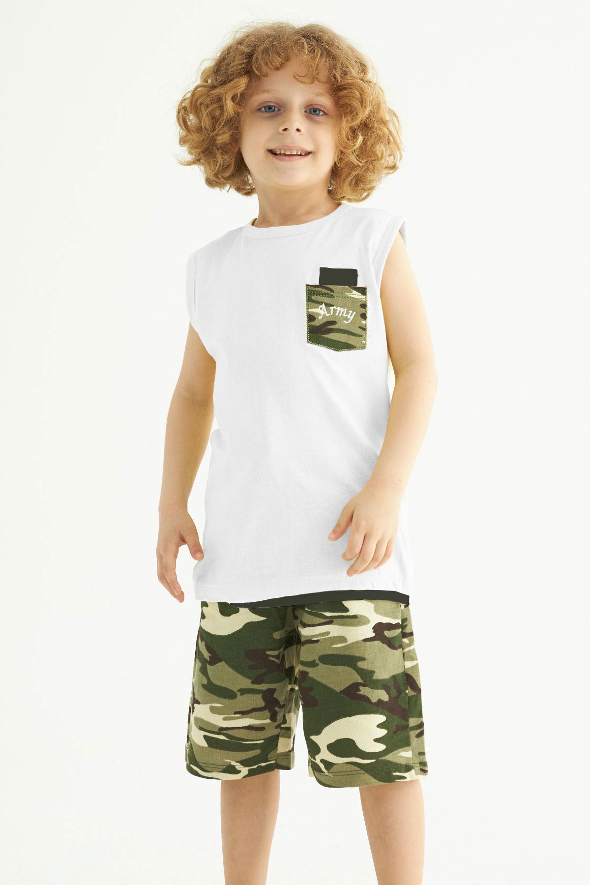 Bisiklet Yaka Sıfır Kol Kamuflaj Baskılı Cepli Ekru Renk Erkek Çocuk Kaprılı Takım