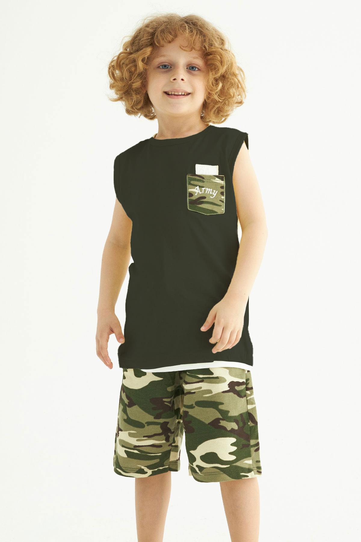 Bisiklet Yaka Sıfır Kol Kamuflaj Baskılı Cepli Haki Renk Erkek Çocuk Kaprılı Takım