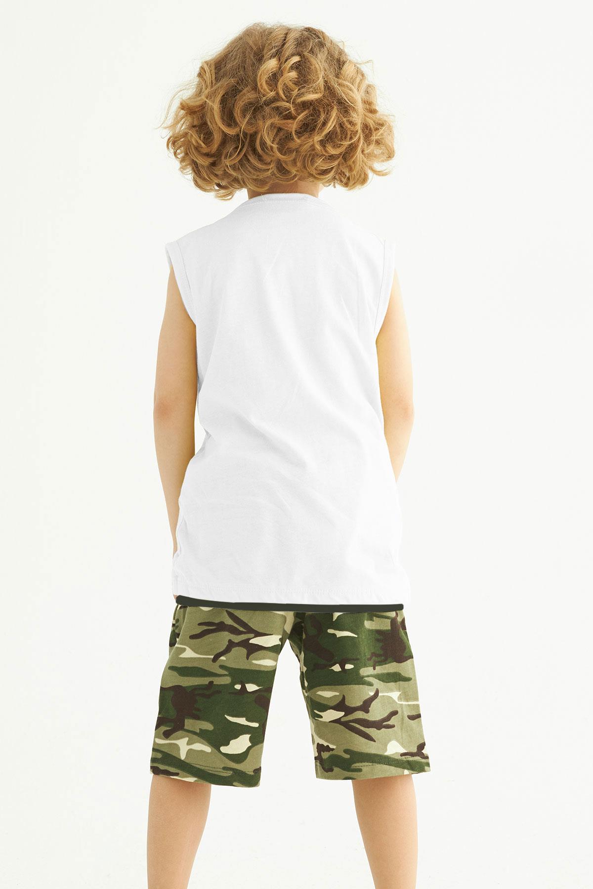 Bisiklet Yaka Sıfır Kol Kamuflaj Baskılı Cepli Ekru Renk Erkek Çocuk Kaprılı Takım