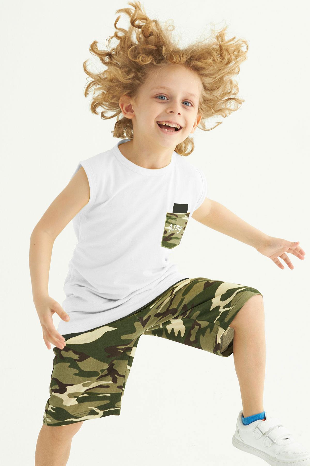 Bisiklet Yaka Sıfır Kol Kamuflaj Baskılı Cepli Ekru Renk Erkek Çocuk Kaprılı Takım