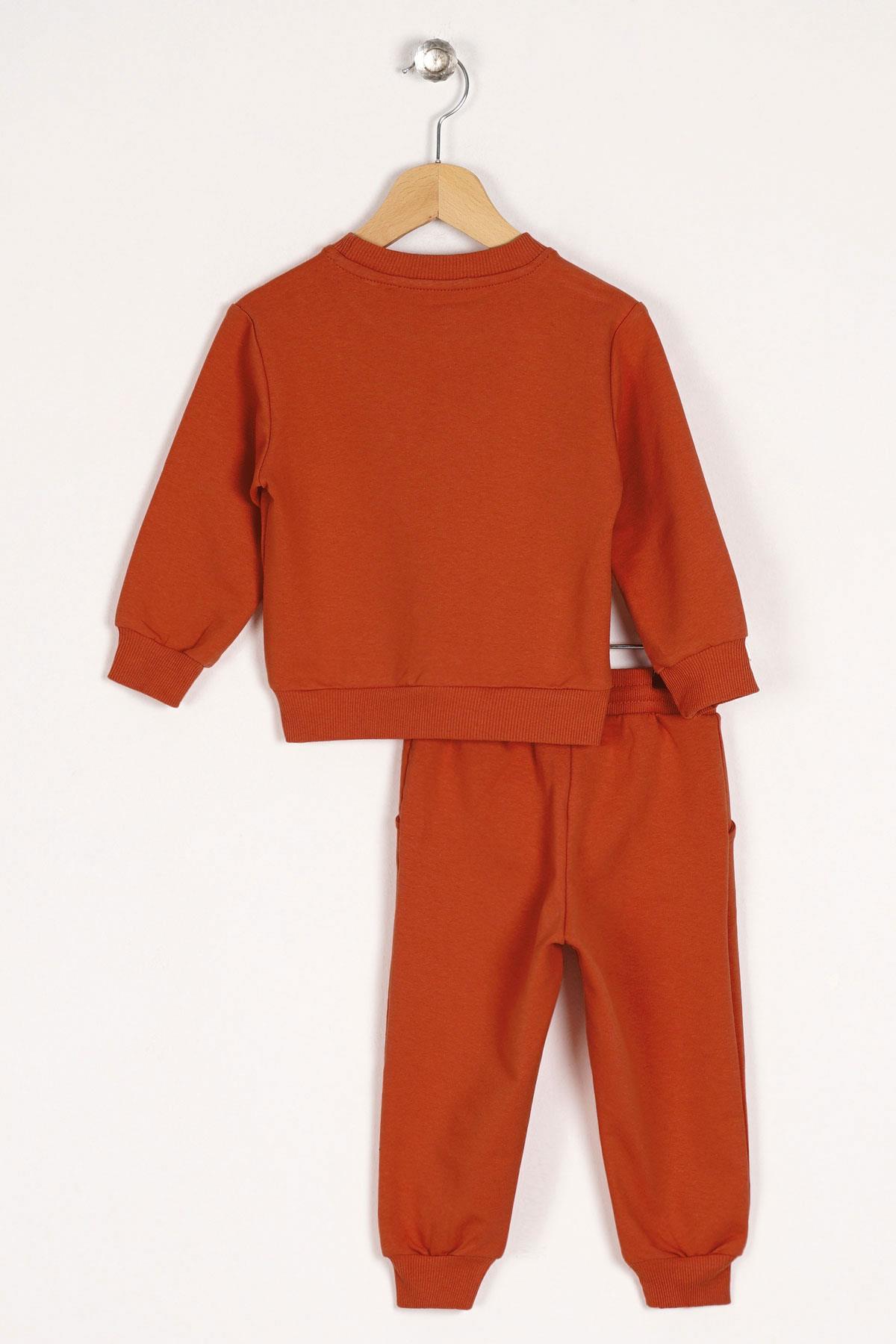 Bisiklet Yaka Uzun Kol Anımal Person Baskılı Kiremit Renk Erkek Çocuk Esofman Takım