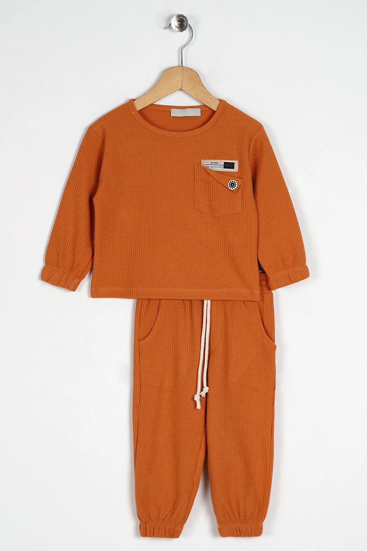 Bisiklet Yaka Uzun Kol Armalı Kol ve Paça Lastikli Kiremit Renk Erkek Çocuk İkili Takım