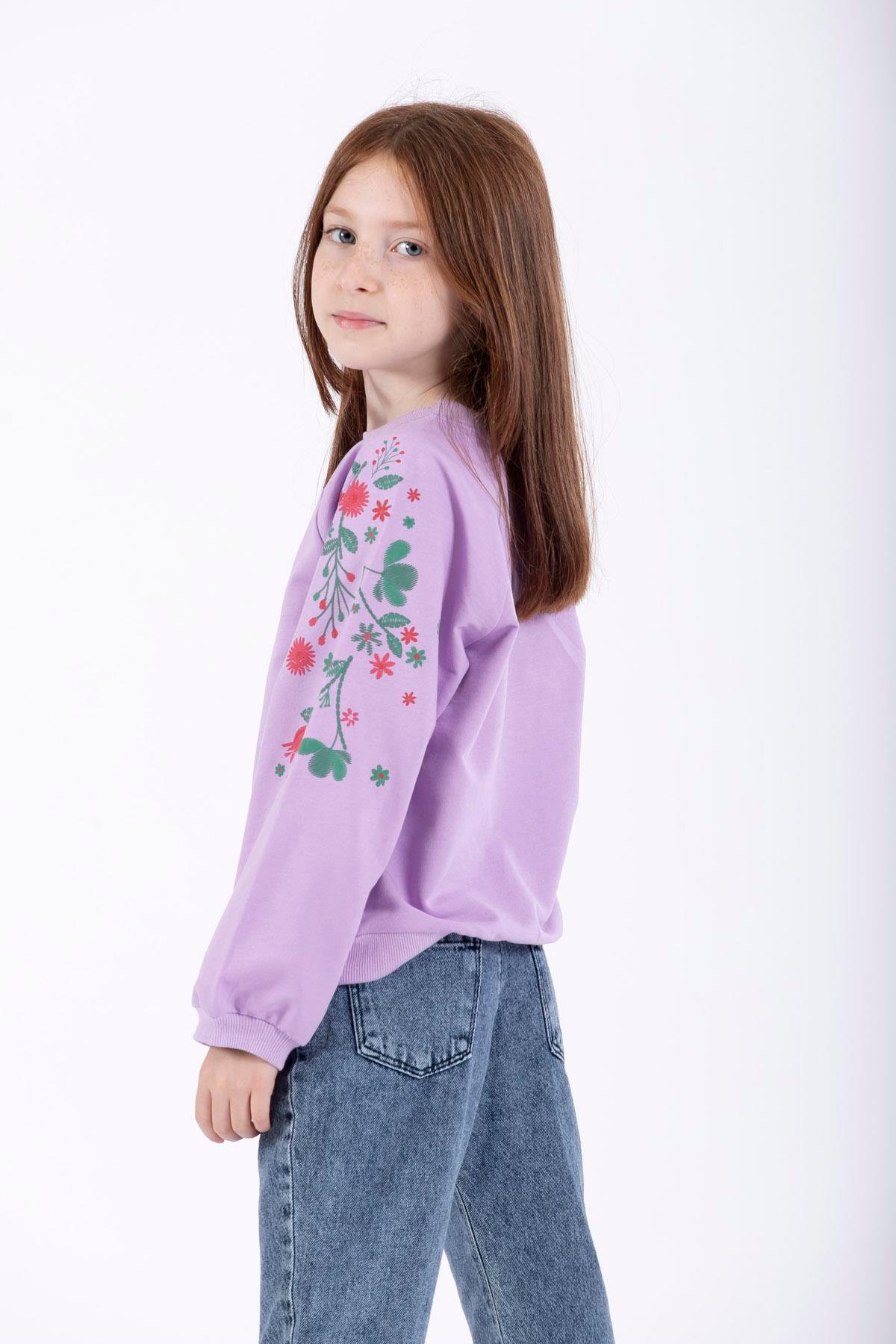 Bisiklet Yaka Uzun Kol Çiçek Baskılı Lila Renk Kız Çocuk Sweatshirt