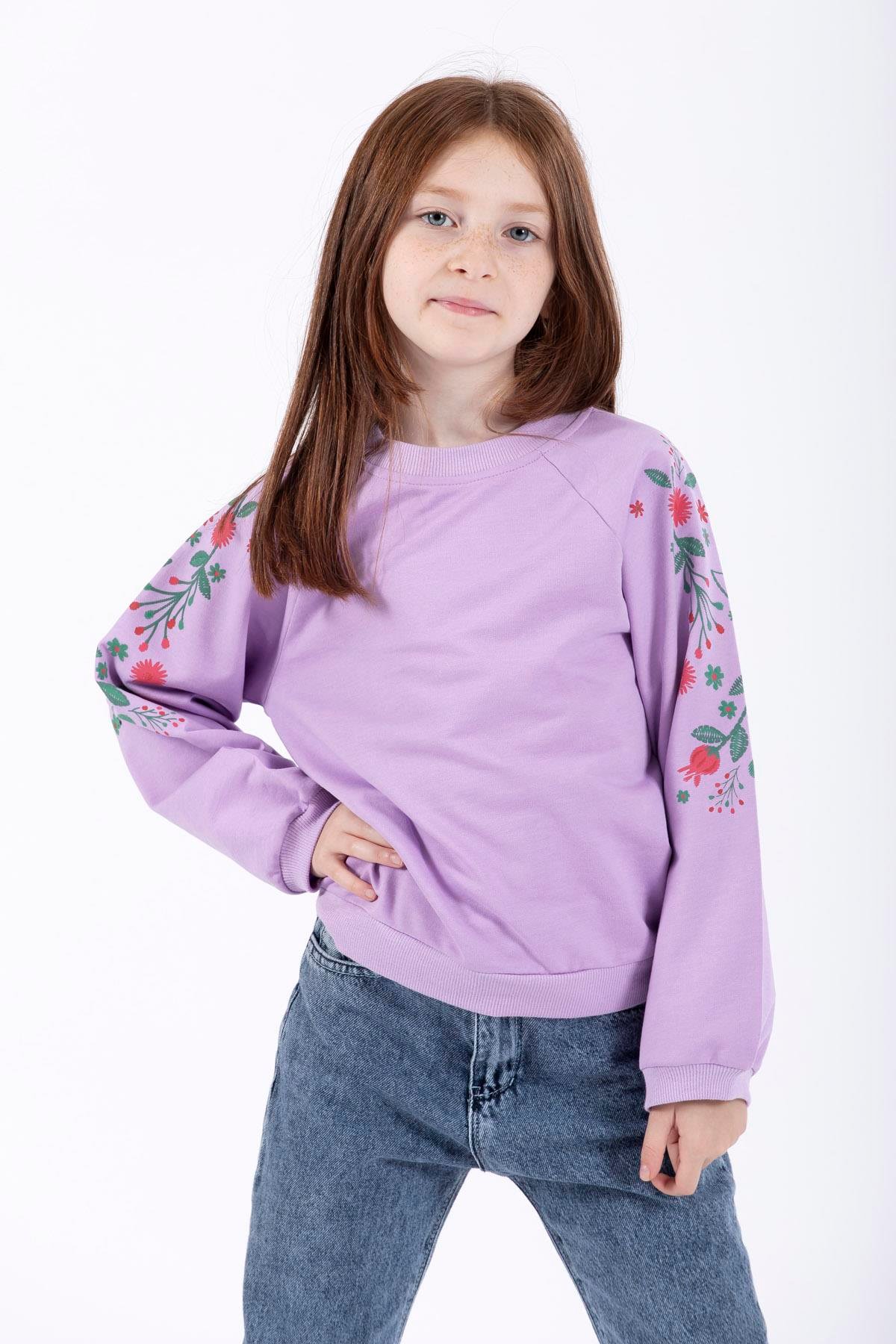 Bisiklet Yaka Uzun Kol Çiçek Baskılı Lila Renk Kız Çocuk Sweatshirt