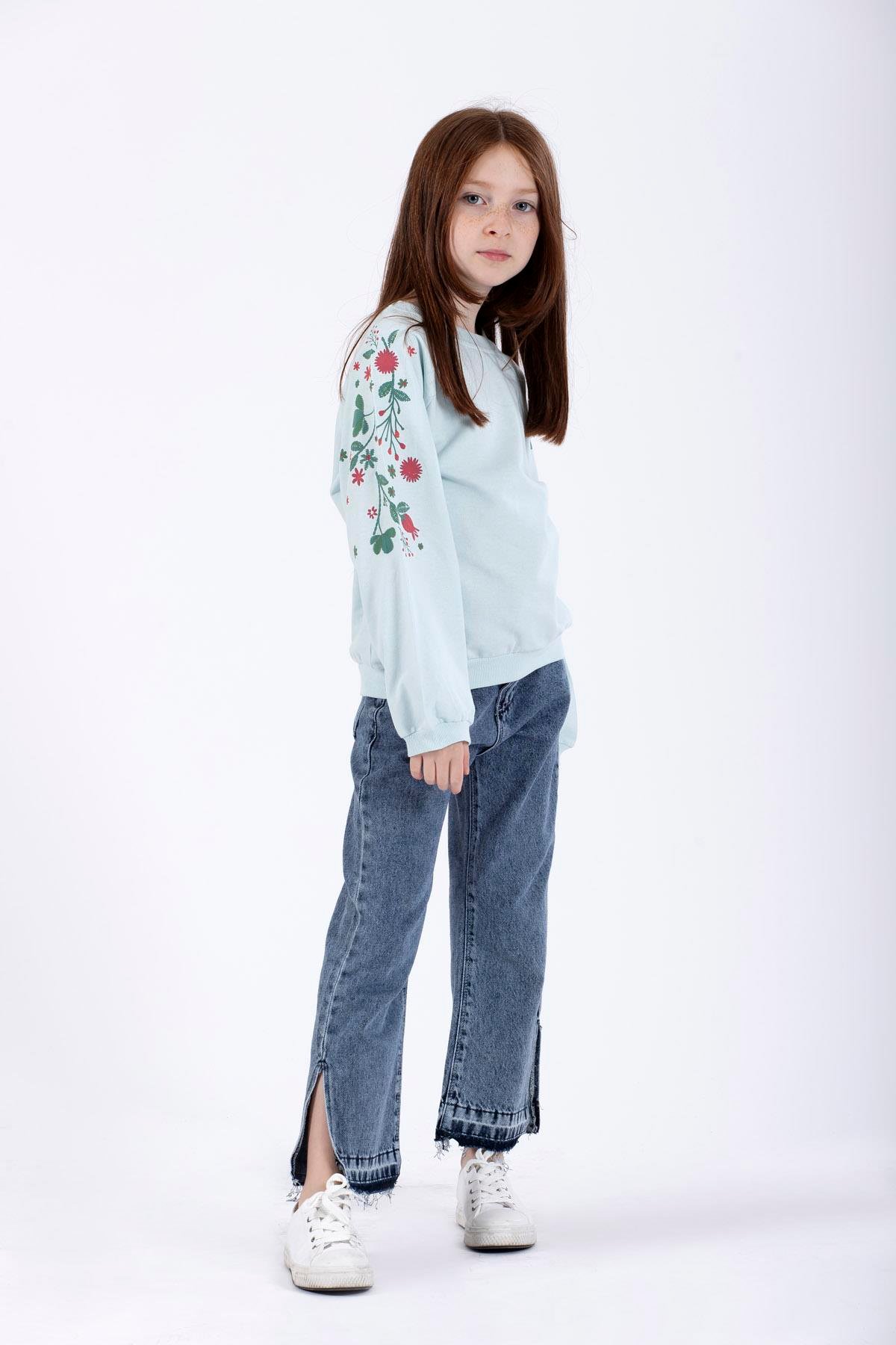 Bisiklet Yaka Uzun Kol Çiçek Baskılı Mint Renk Kız Çocuk Sweatshirt