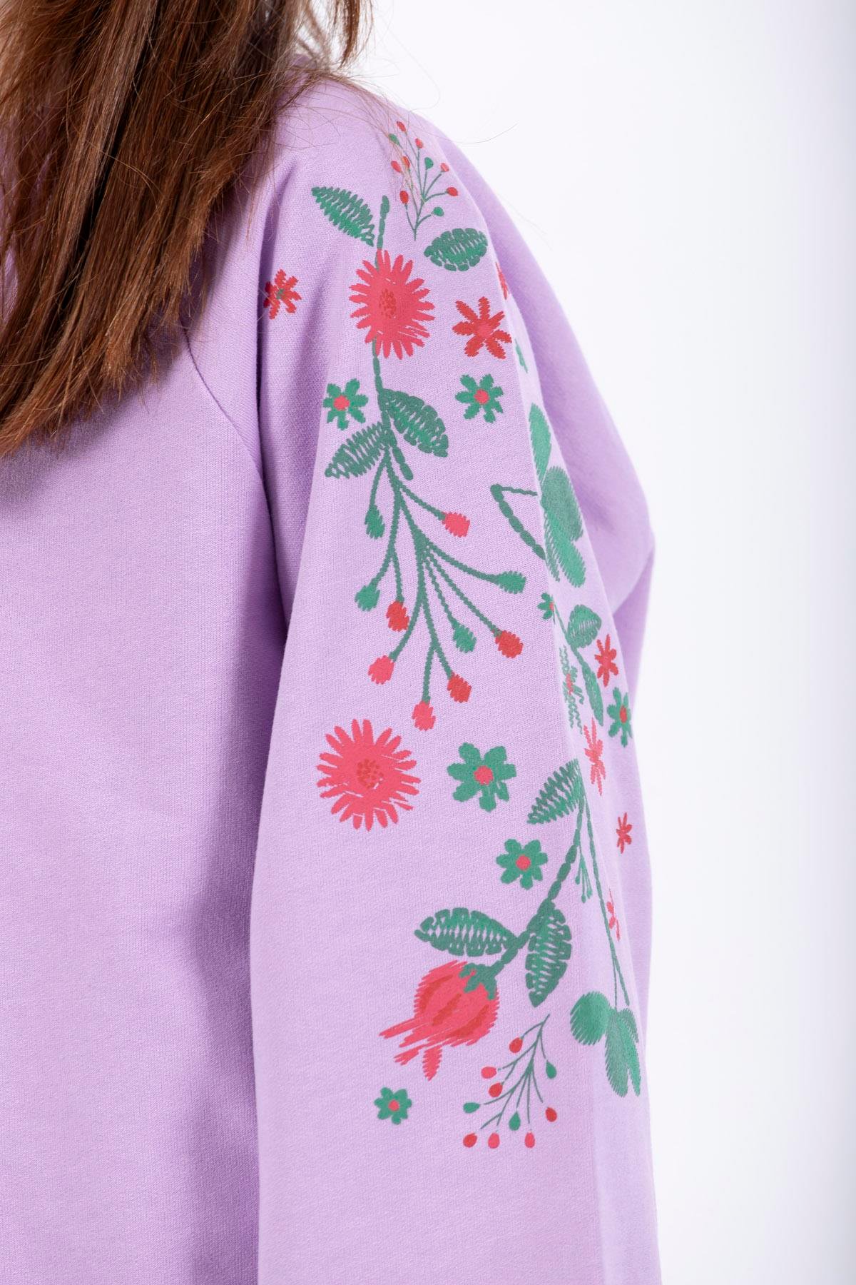 Bisiklet Yaka Uzun Kol Çiçek Baskılı Lila Renk Kız Çocuk Sweatshirt