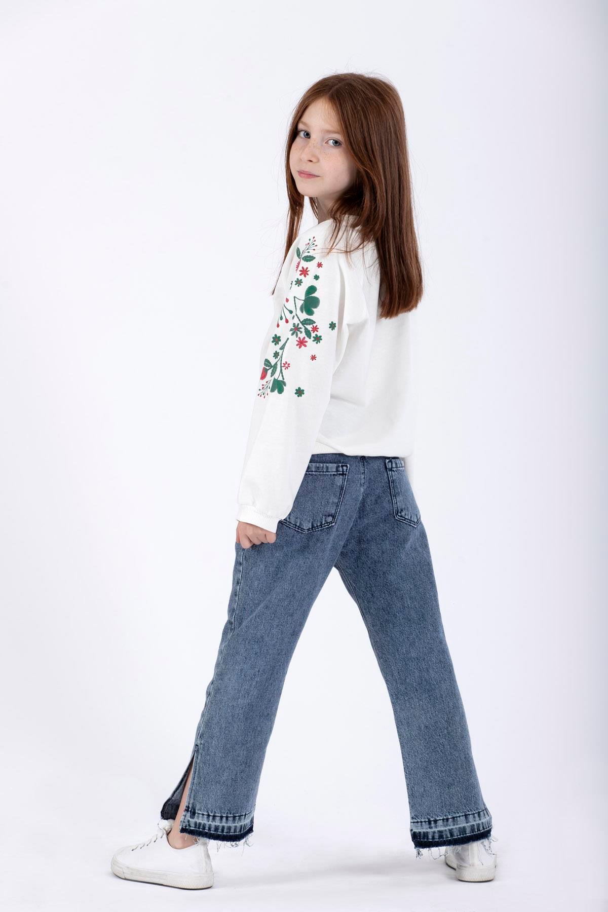 Bisiklet Yaka Uzun Kol Çiçek Baskılı Ekru Renk Kız Çocuk Sweatshirt