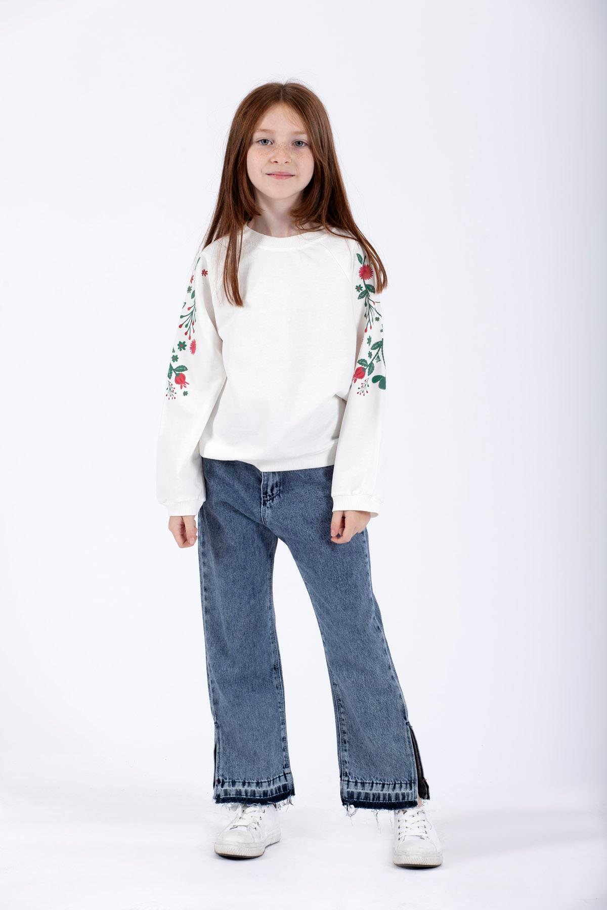 Bisiklet Yaka Uzun Kol Çiçek Baskılı Ekru Renk Kız Çocuk Sweatshirt