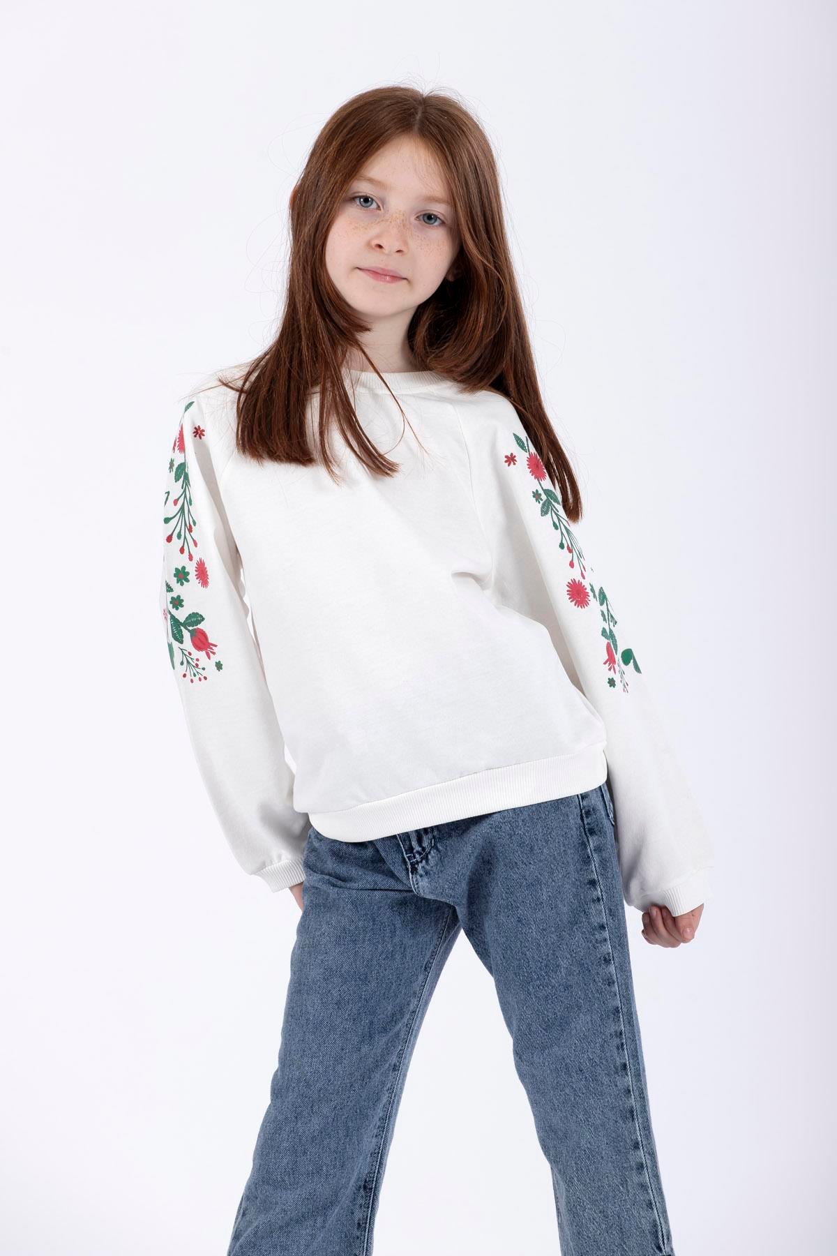 Bisiklet Yaka Uzun Kol Çiçek Baskılı Ekru Renk Kız Çocuk Sweatshirt