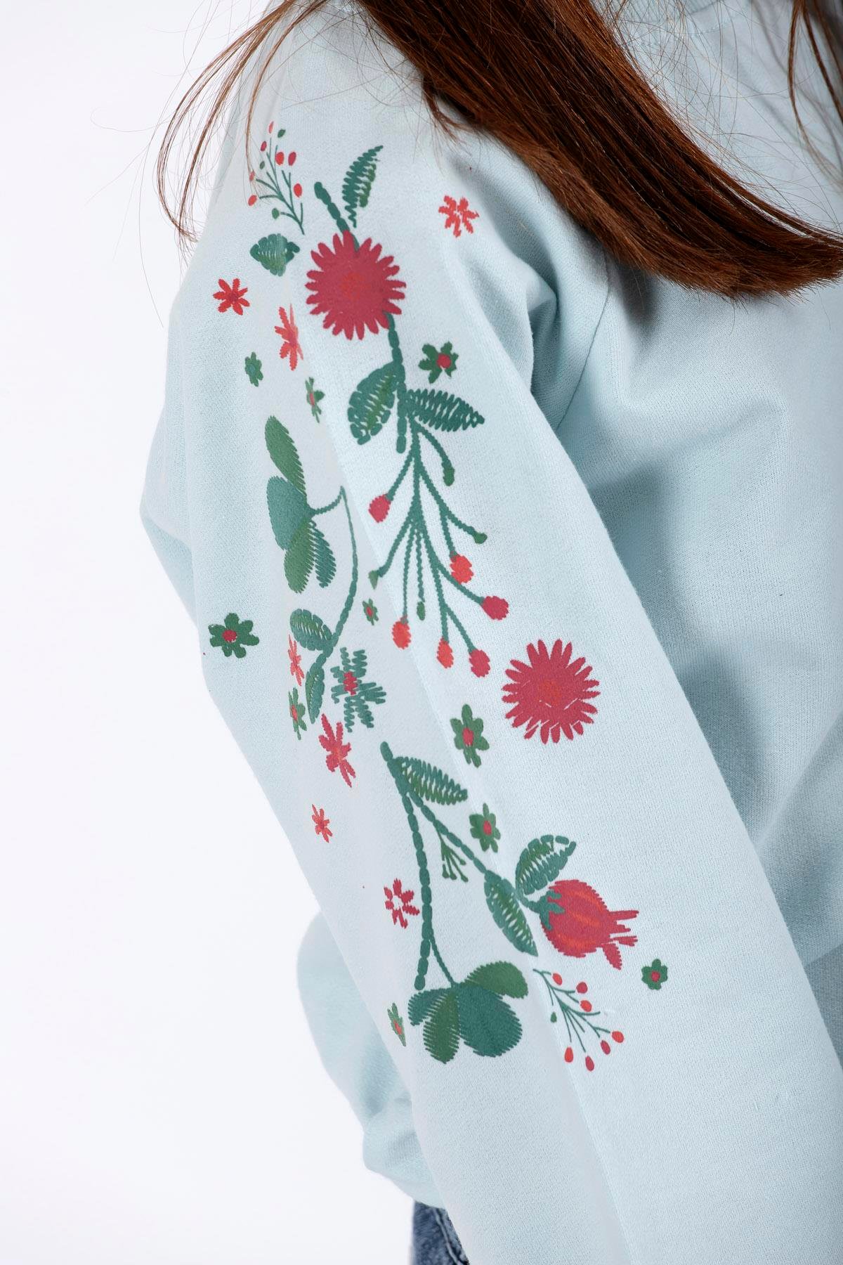 Bisiklet Yaka Uzun Kol Çiçek Baskılı Mint Renk Kız Çocuk Sweatshirt