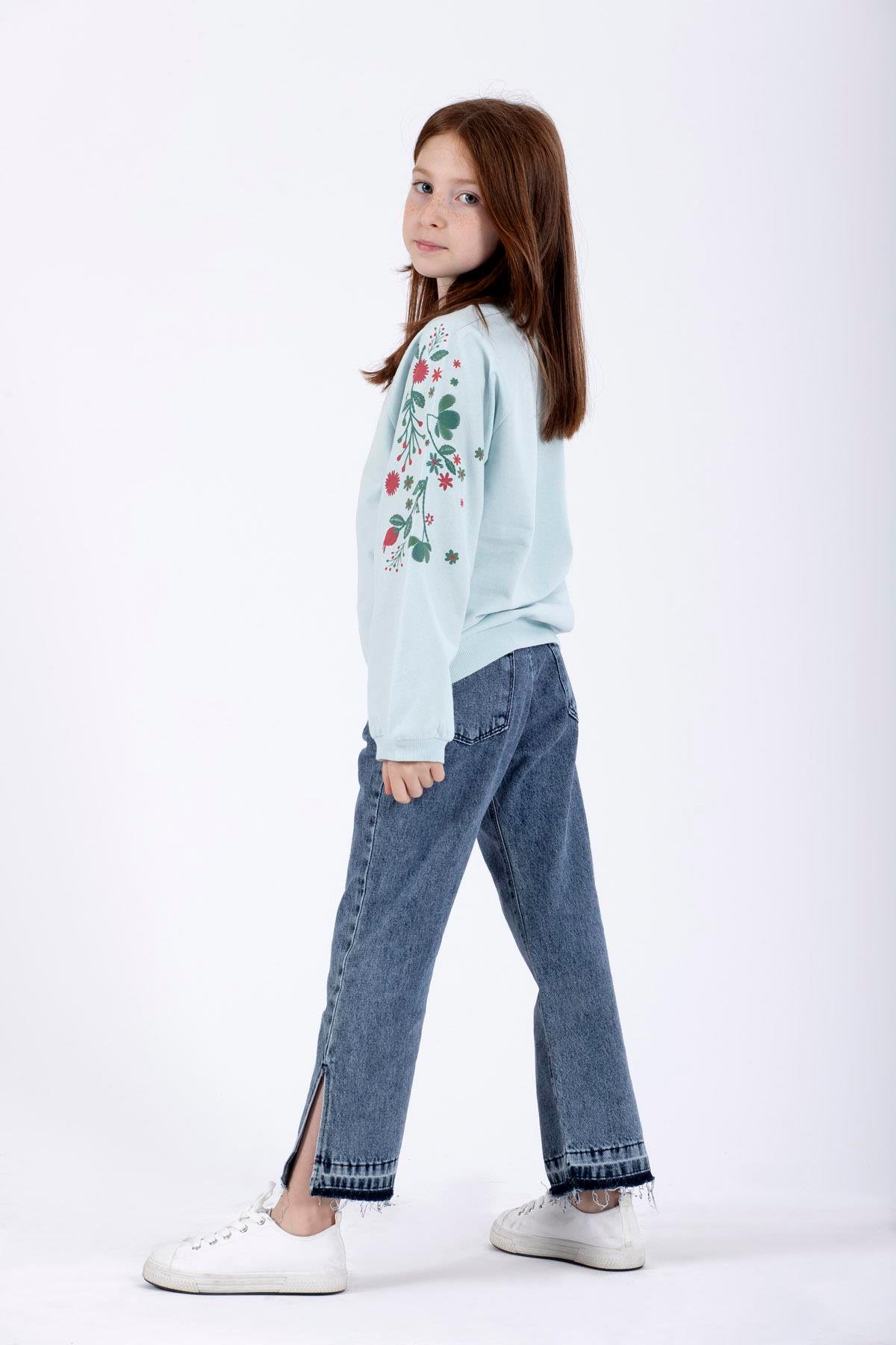 Bisiklet Yaka Uzun Kol Çiçek Baskılı Mint Renk Kız Çocuk Sweatshirt