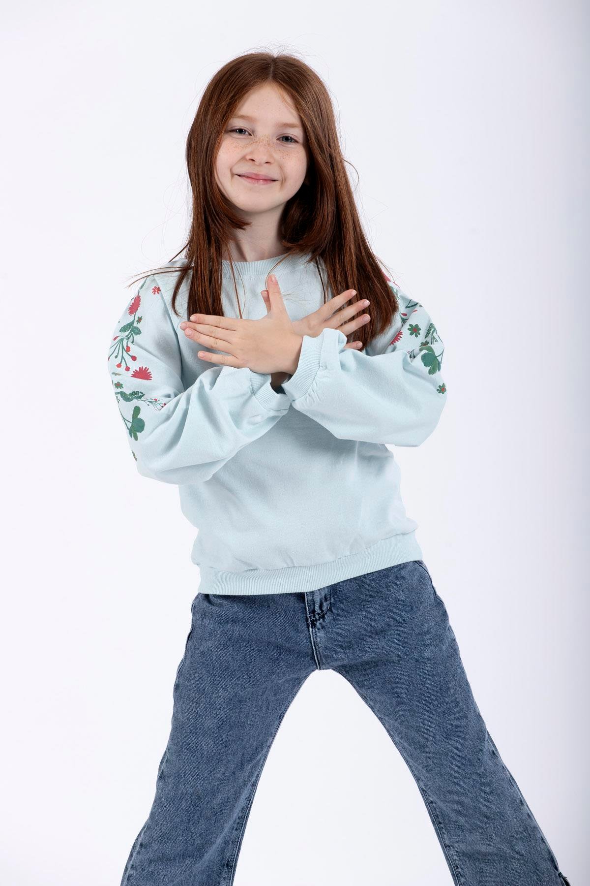 Bisiklet Yaka Uzun Kol Çiçek Baskılı Mint Renk Kız Çocuk Sweatshirt