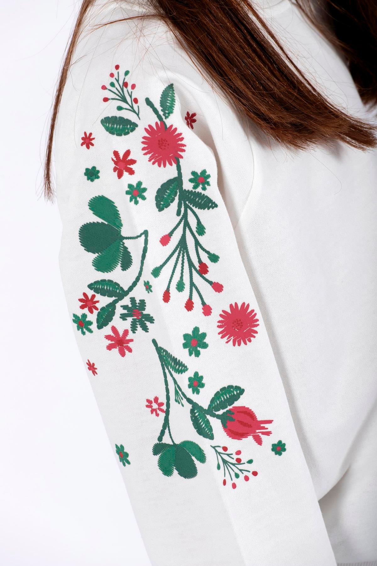 Bisiklet Yaka Uzun Kol Çiçek Baskılı Ekru Renk Kız Çocuk Sweatshirt