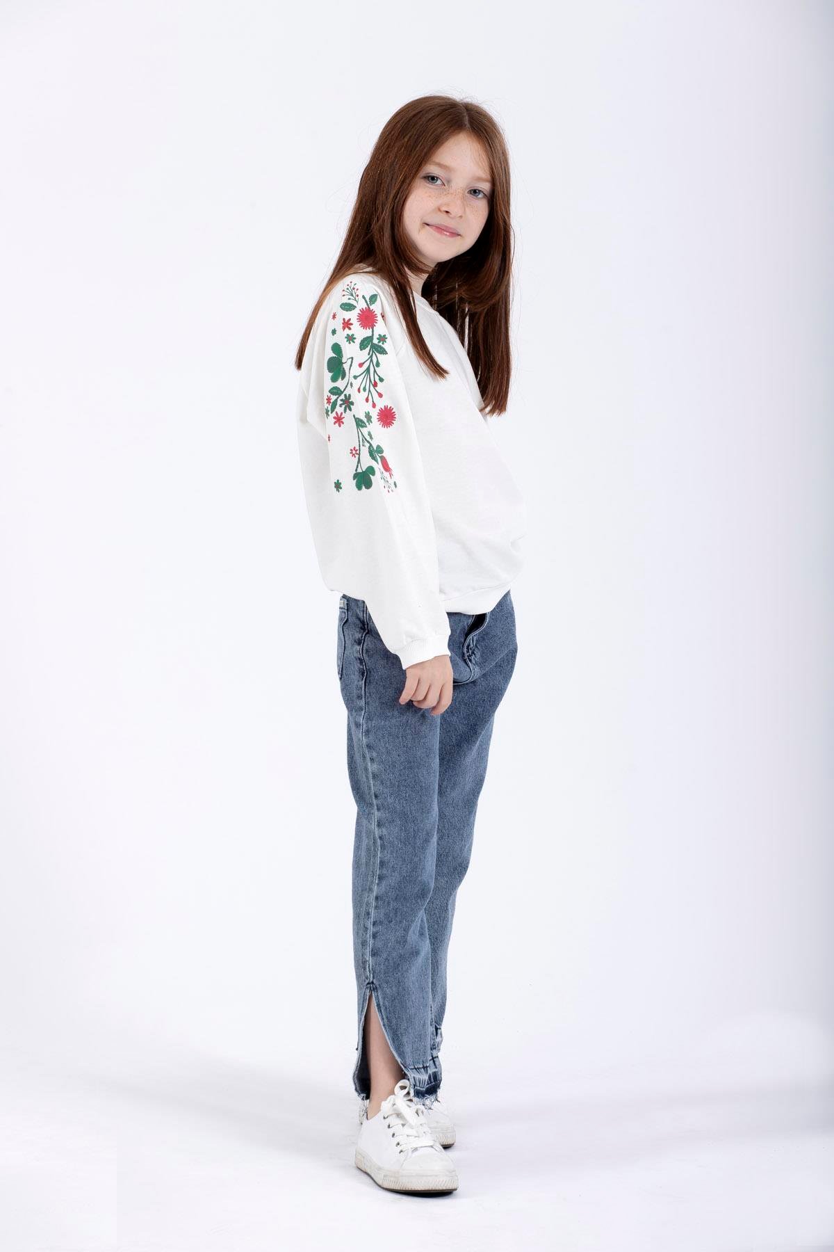 Bisiklet Yaka Uzun Kol Çiçek Baskılı Ekru Renk Kız Çocuk Sweatshirt