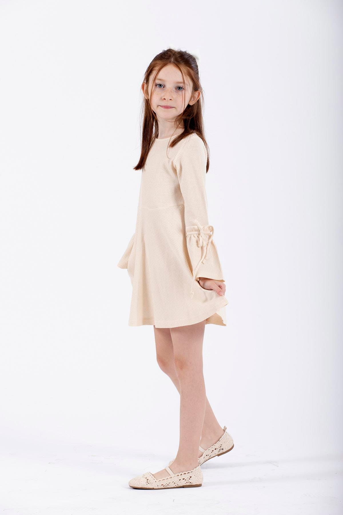 Bisiklet Yaka Uzun Kol Ekru Renk Kız Çocuk Elbıse