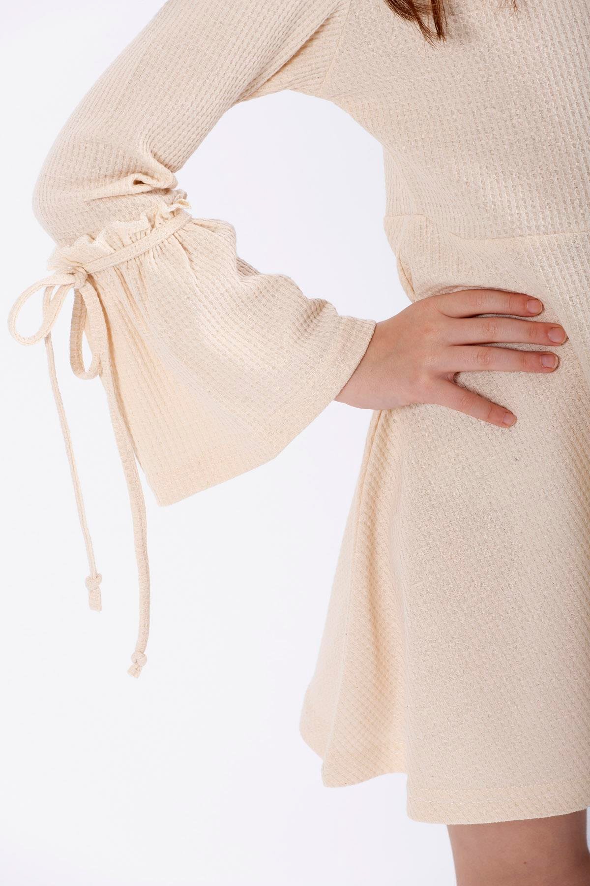 Bisiklet Yaka Uzun Kol Ekru Renk Kız Çocuk Elbıse