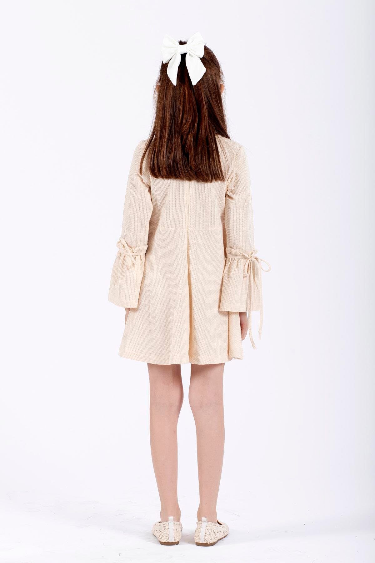 Bisiklet Yaka Uzun Kol Ekru Renk Kız Çocuk Elbıse