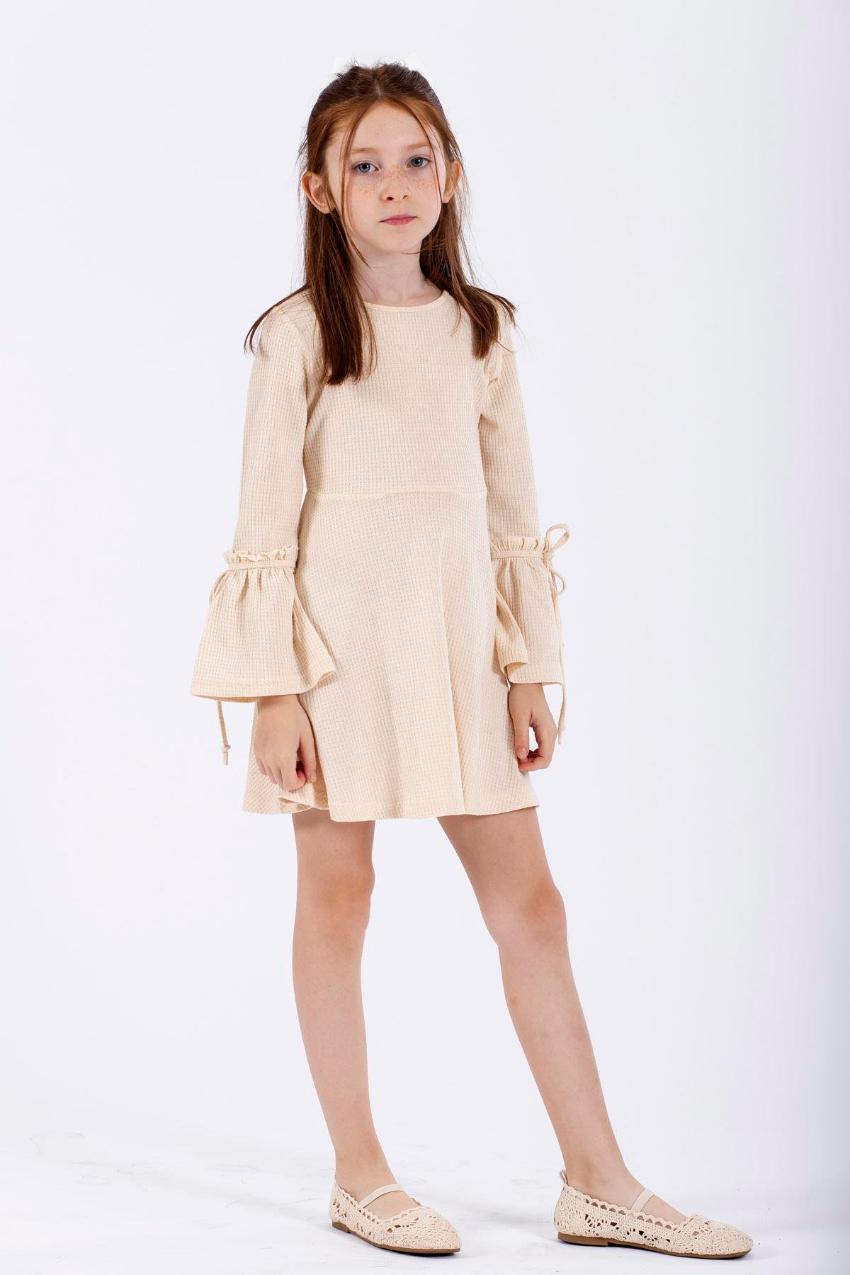 Bisiklet Yaka Uzun Kol Ekru Renk Kız Çocuk Elbıse